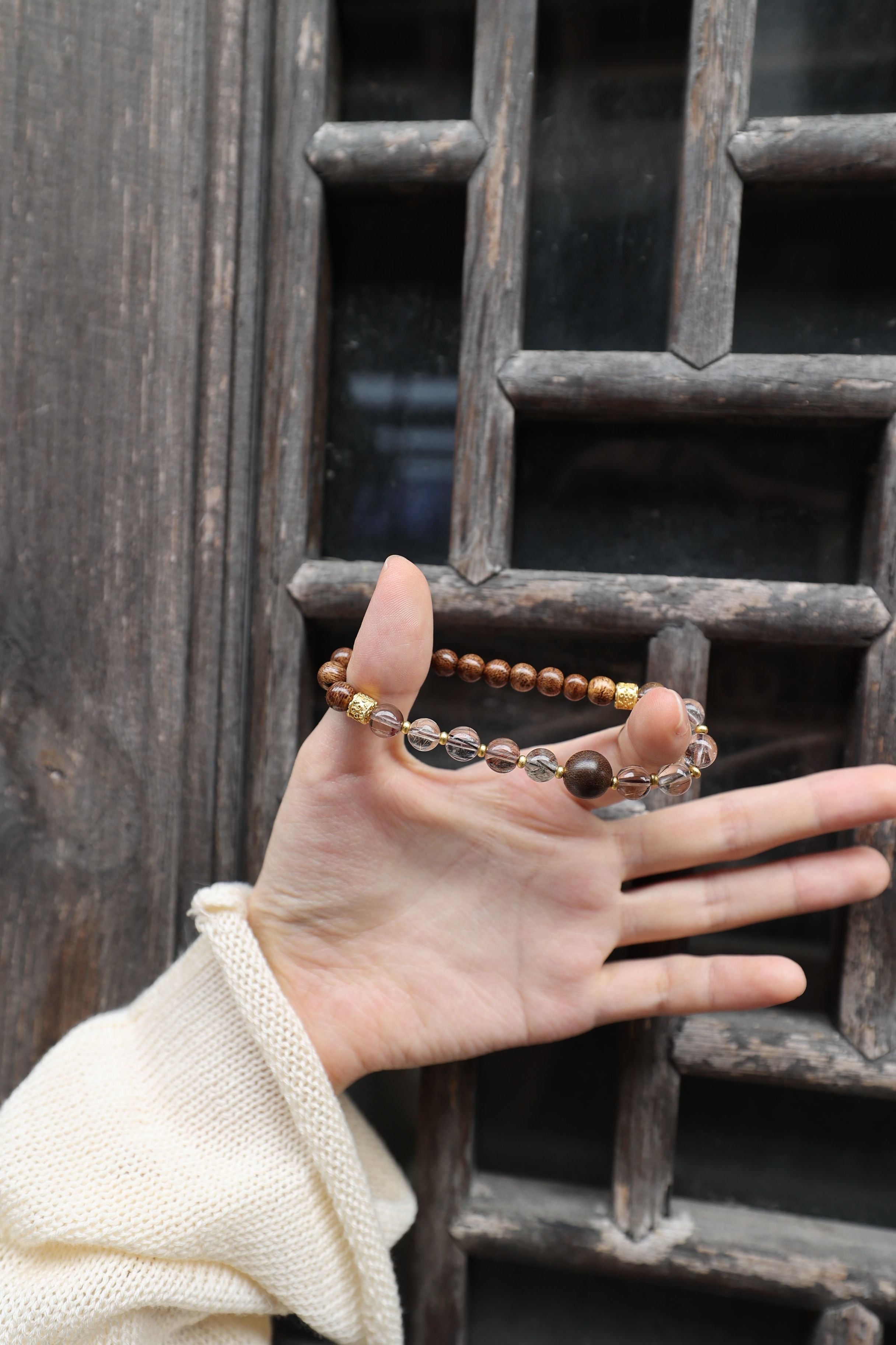 Agarwood and Multicolor Rutilated Quartz Bracelet, 16cm with 7mm Beads