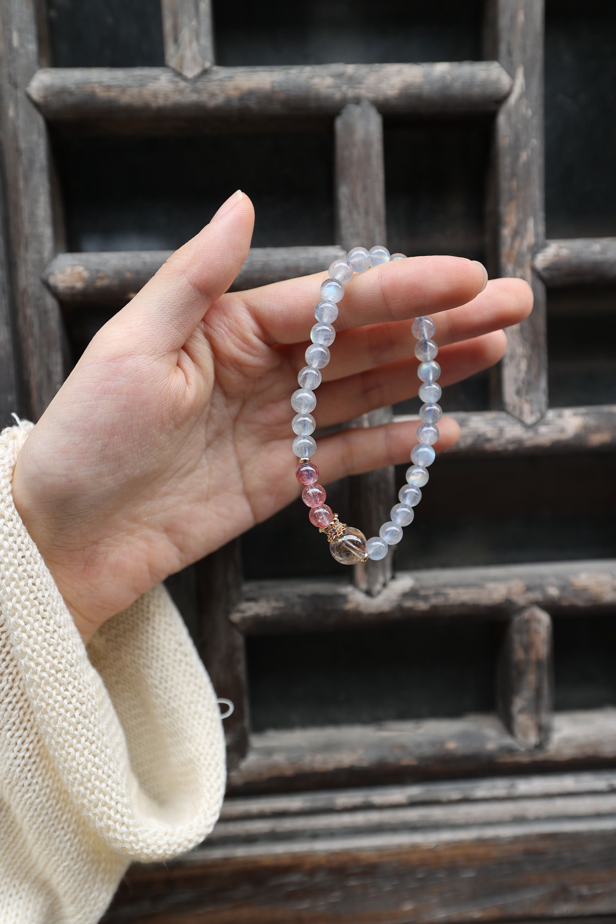 Gray Moonstone, Strawberry Quartz, and Golden Rutilated Quartz Bracelet