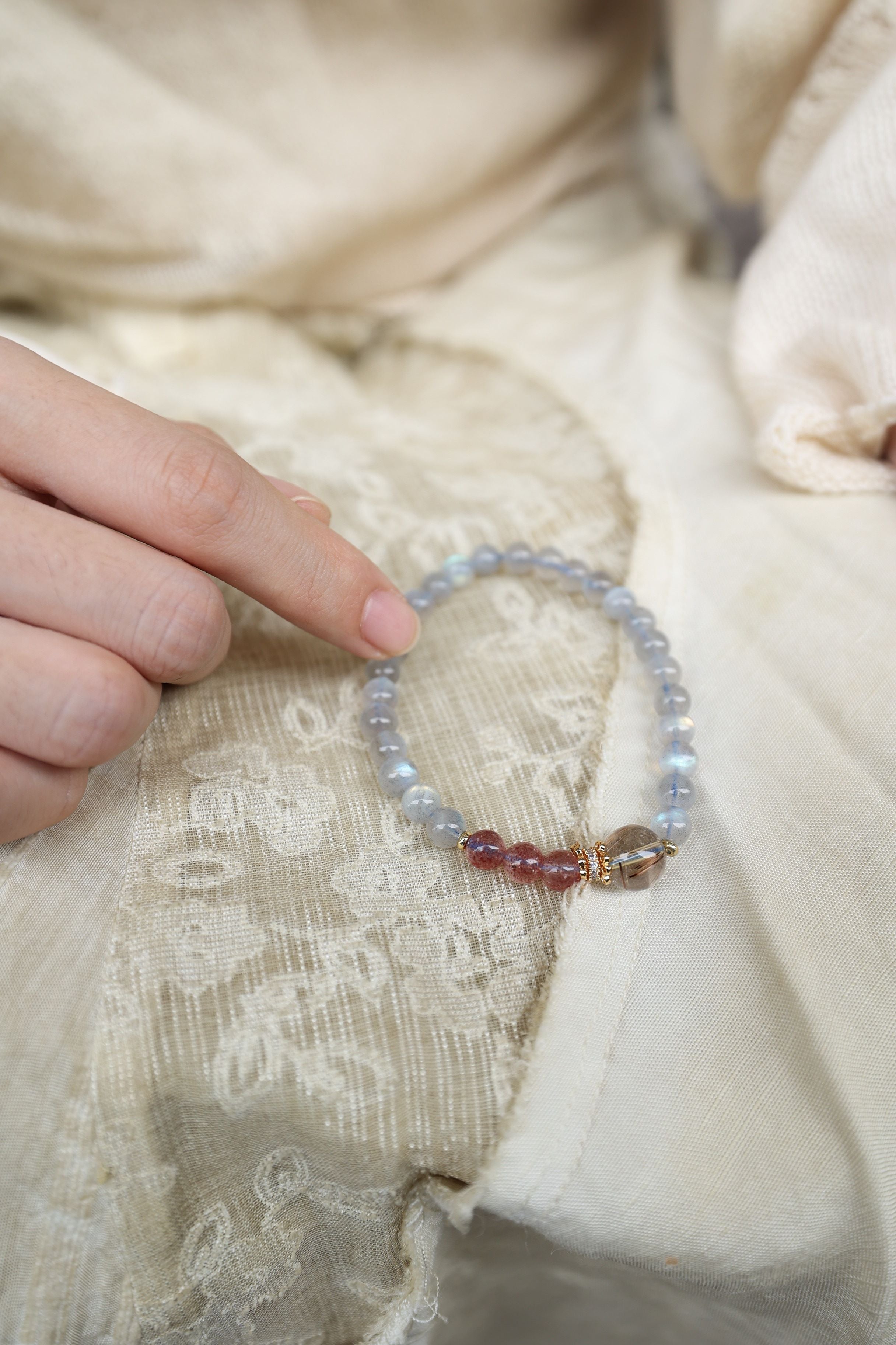 Gray Moonstone, Strawberry Quartz, and Golden Rutilated Quartz Bracelet