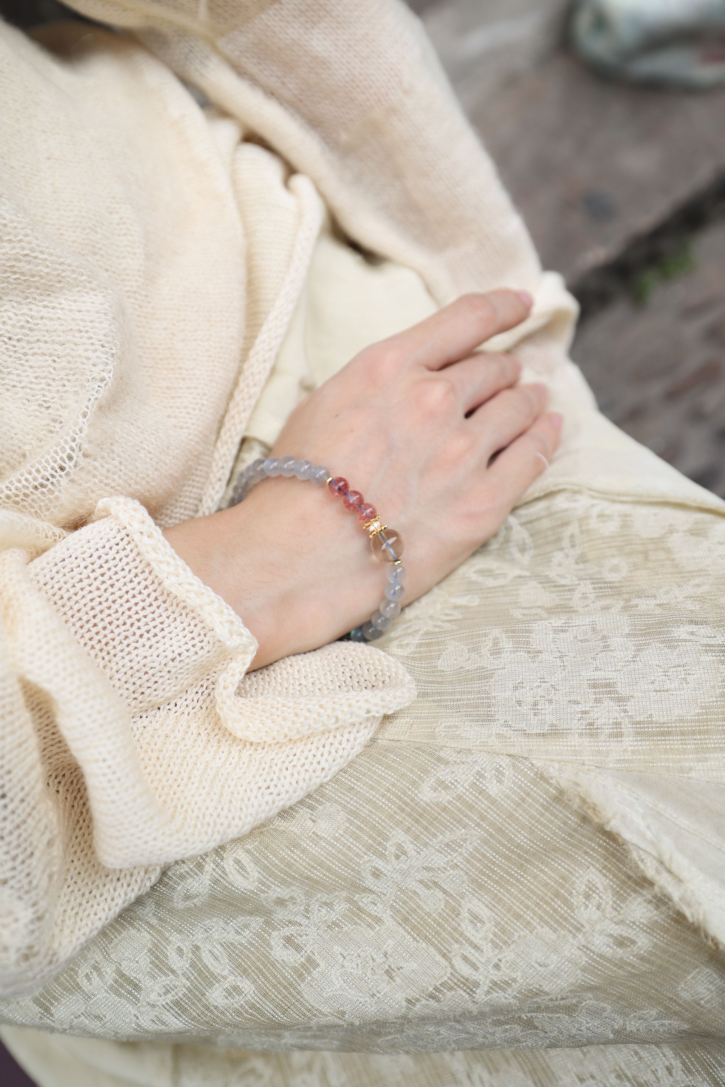 Gray Moonstone, Strawberry Quartz, and Golden Rutilated Quartz Bracelet