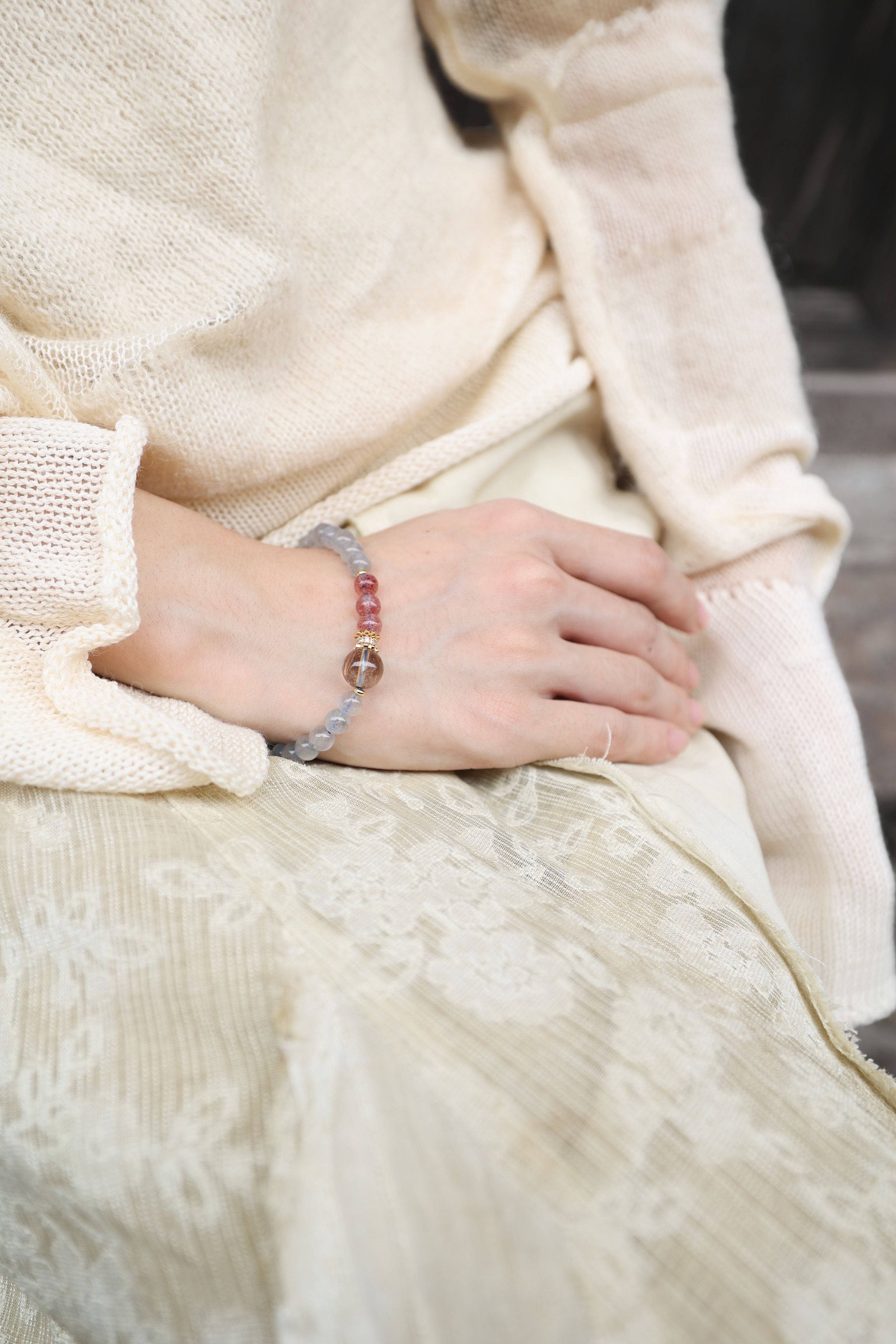 Gray Moonstone, Strawberry Quartz, and Golden Rutilated Quartz Bracelet