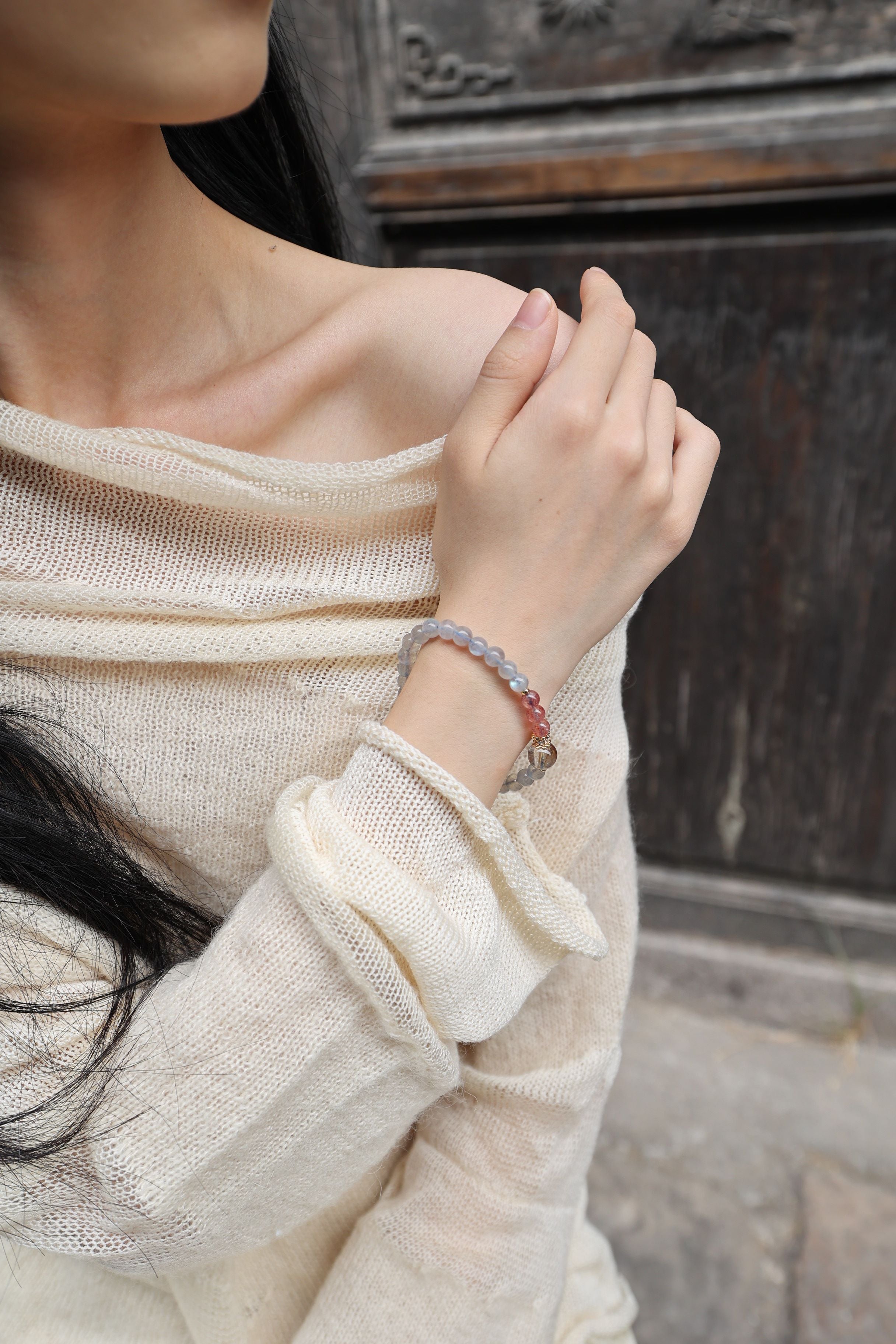 Gray Moonstone, Strawberry Quartz, and Golden Rutilated Quartz Bracelet