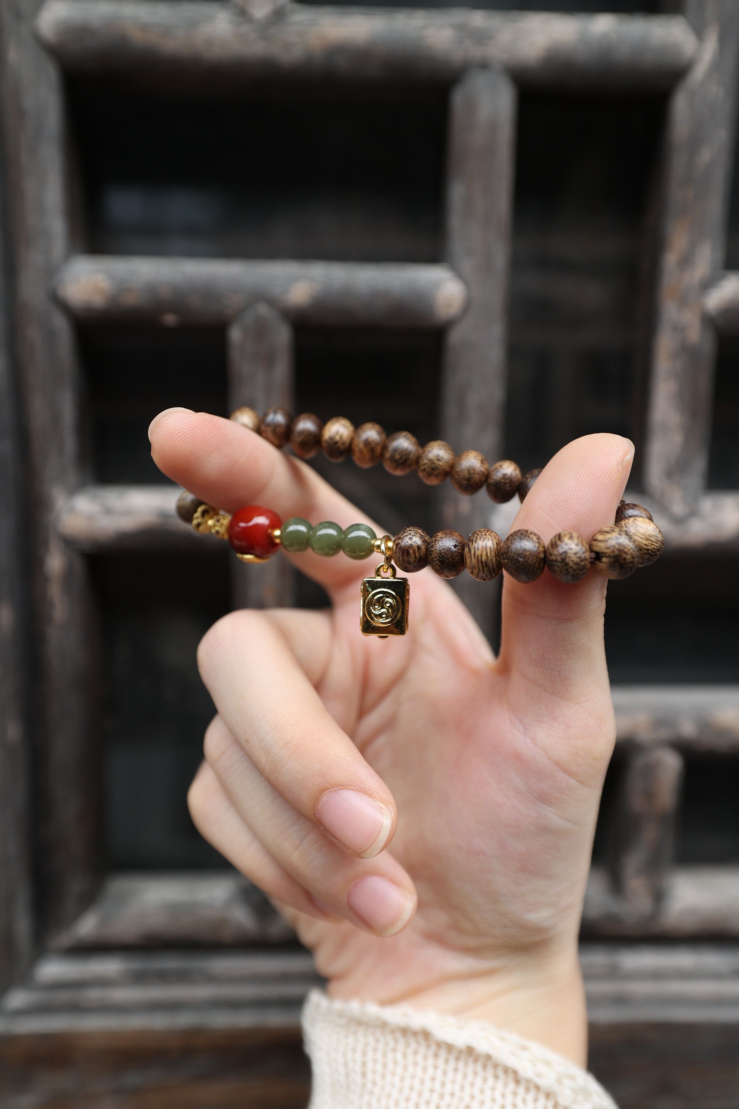 Agarwood, Premium Red Agate, and Hetian Jade Bracelet, 16cm with 8mm Beads