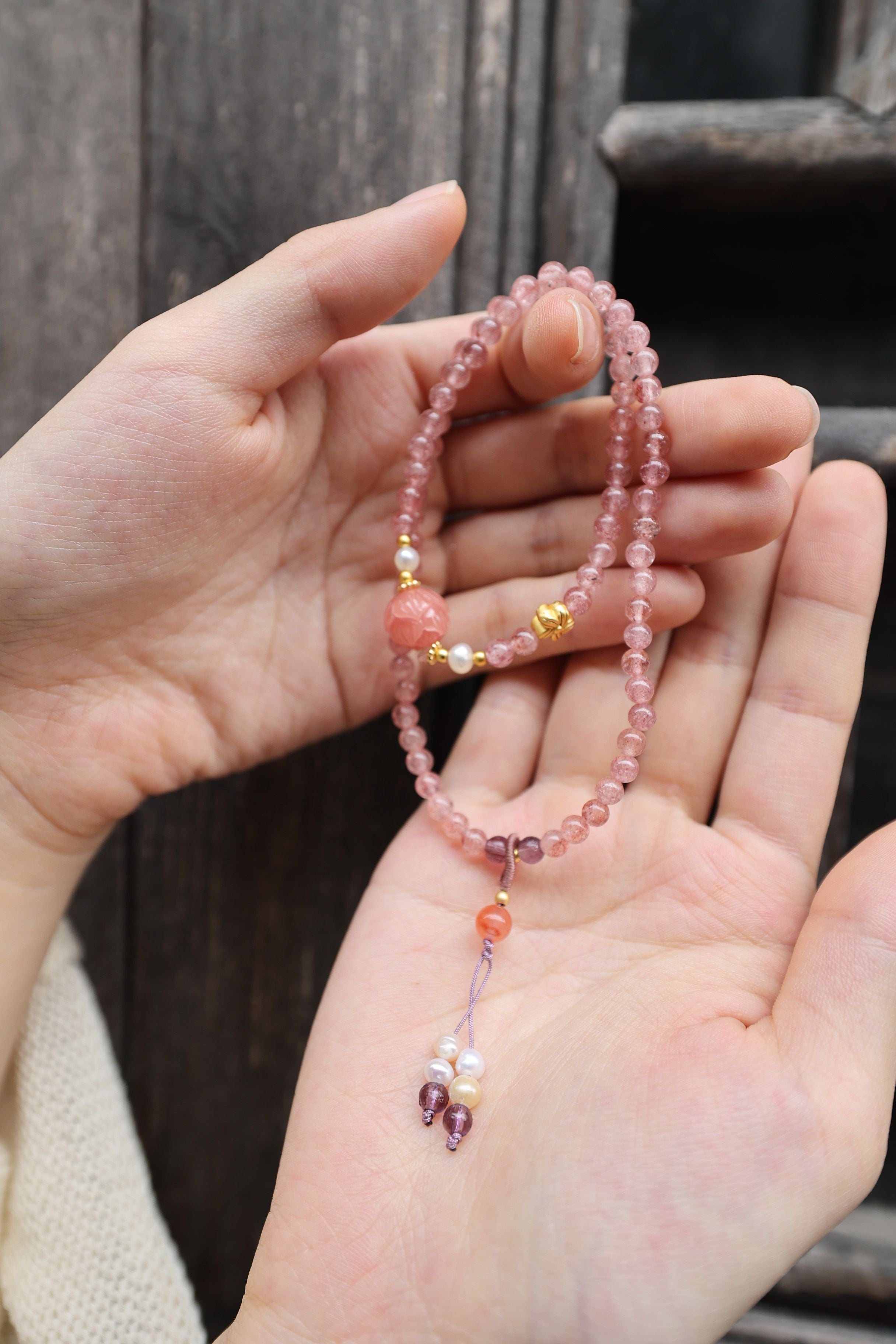 Strawberry Quartz & Pearl Bracelet