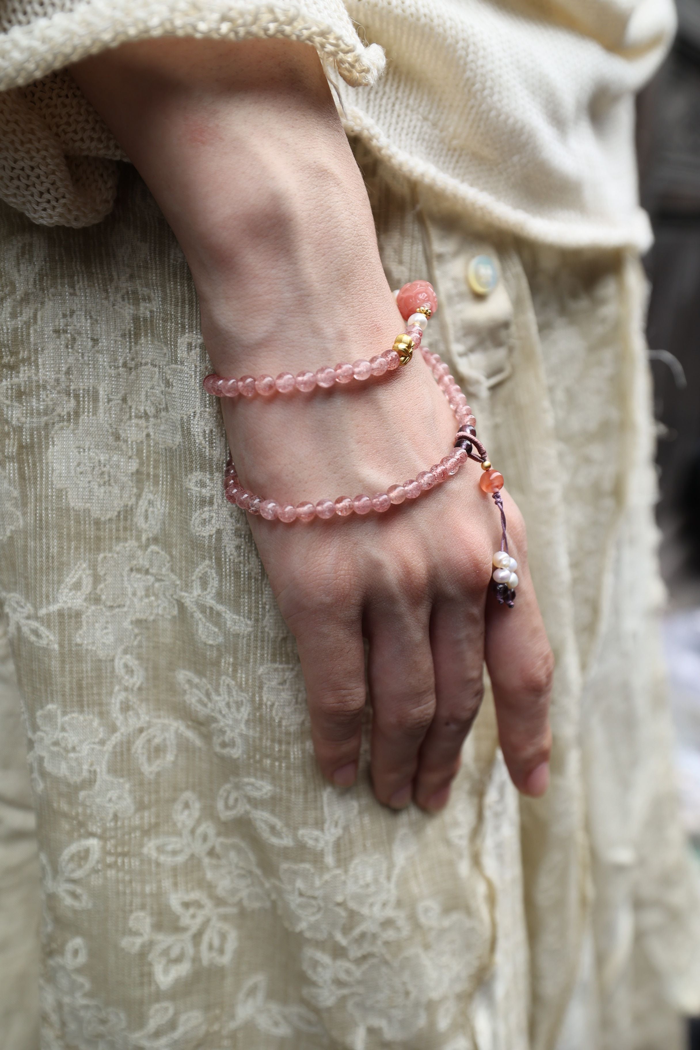 Strawberry Quartz & Pearl Bracelet