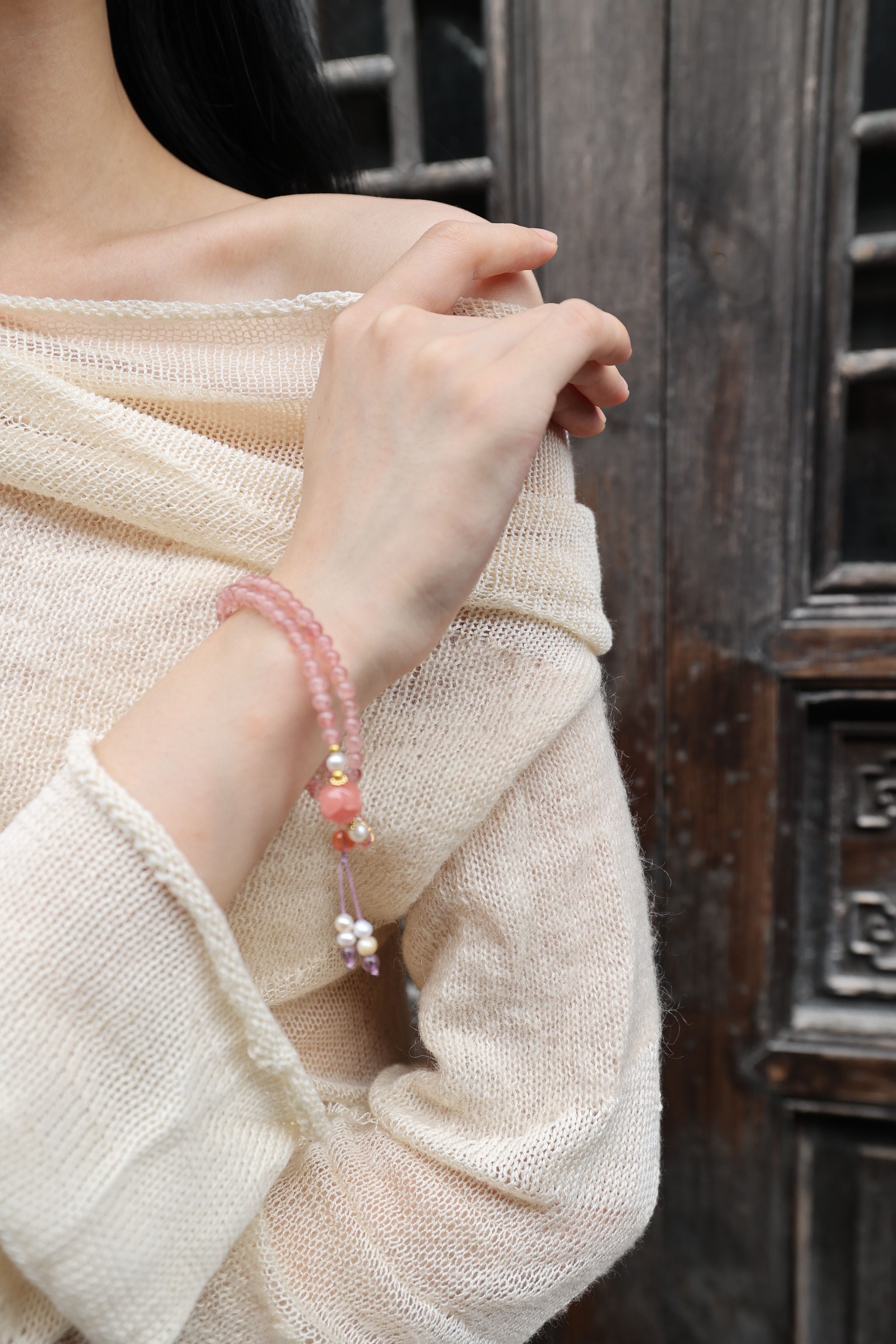 Strawberry Quartz & Pearl Bracelet