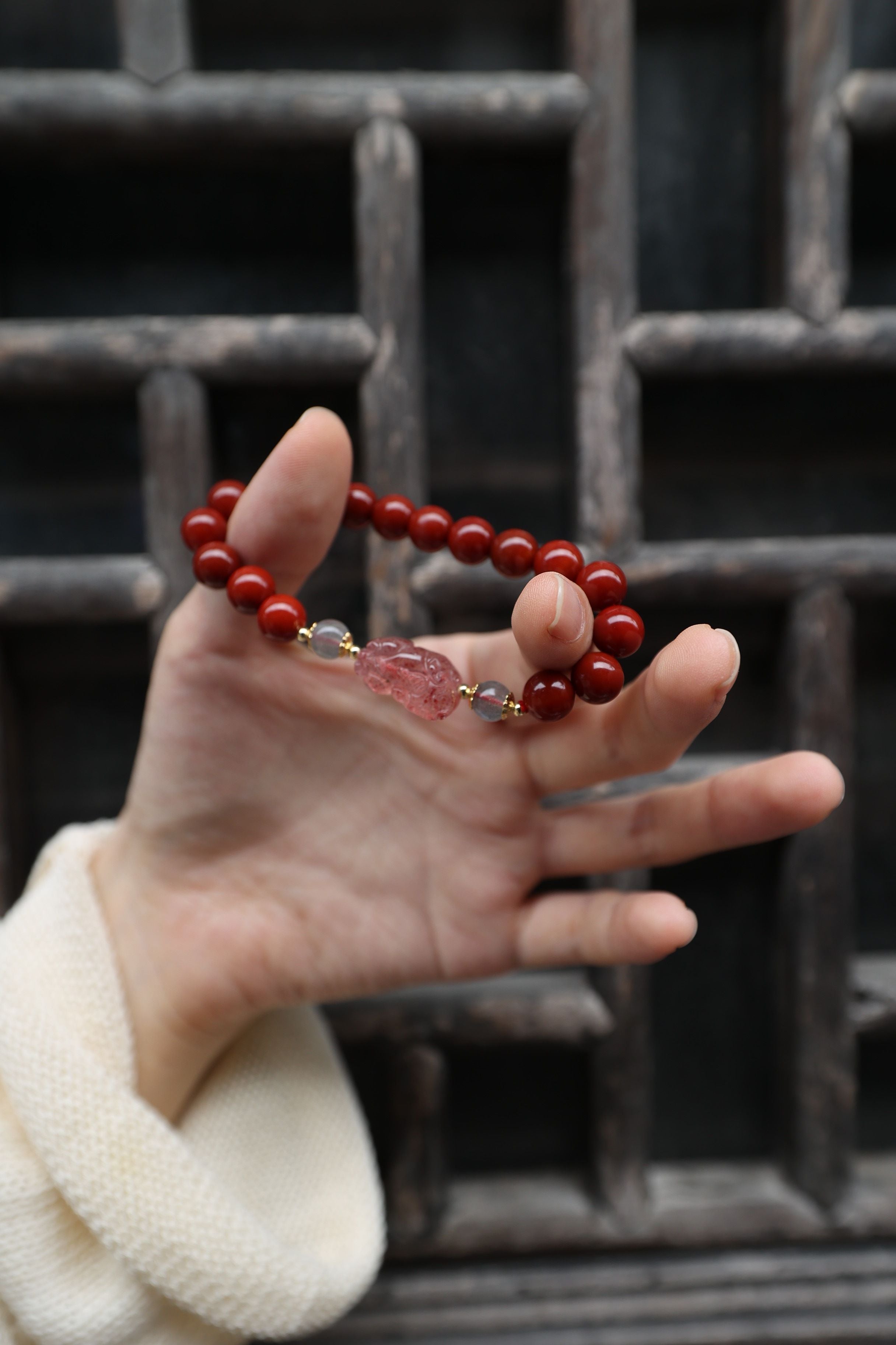 Premium South Red Agate and Strawberry Quartz Elastic Bracelet