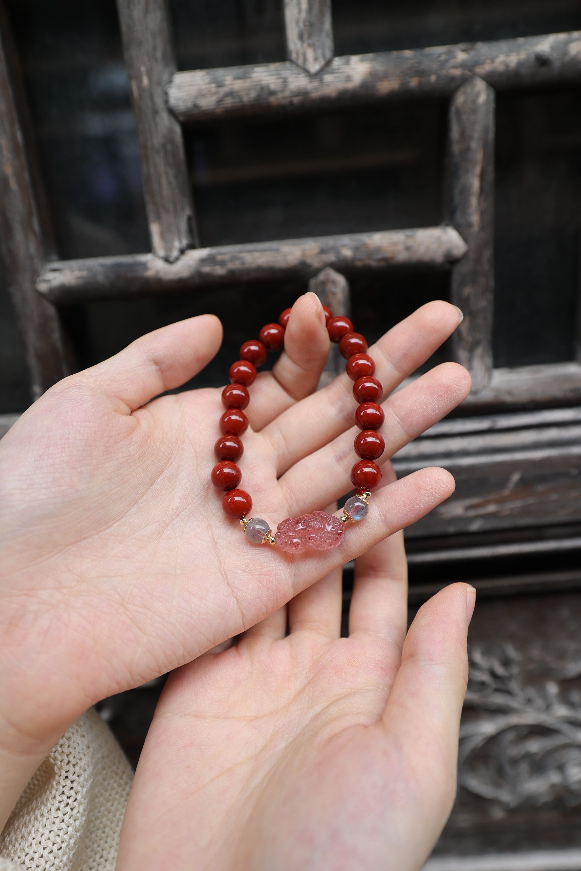 Premium South Red Agate and Strawberry Quartz Elastic Bracelet