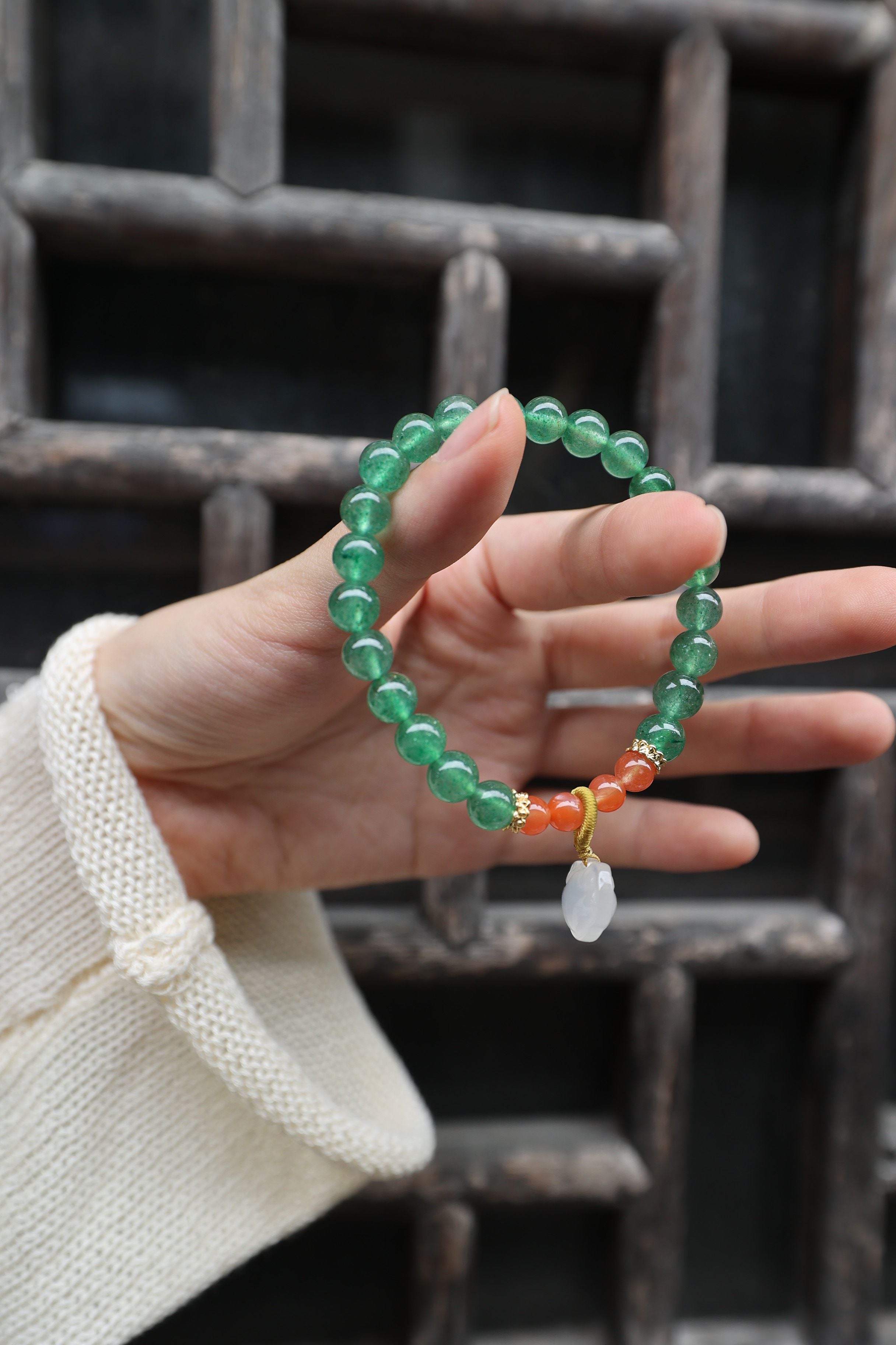 Green Strawberry Quartz, South Red Agate, and White Agate Bracelet