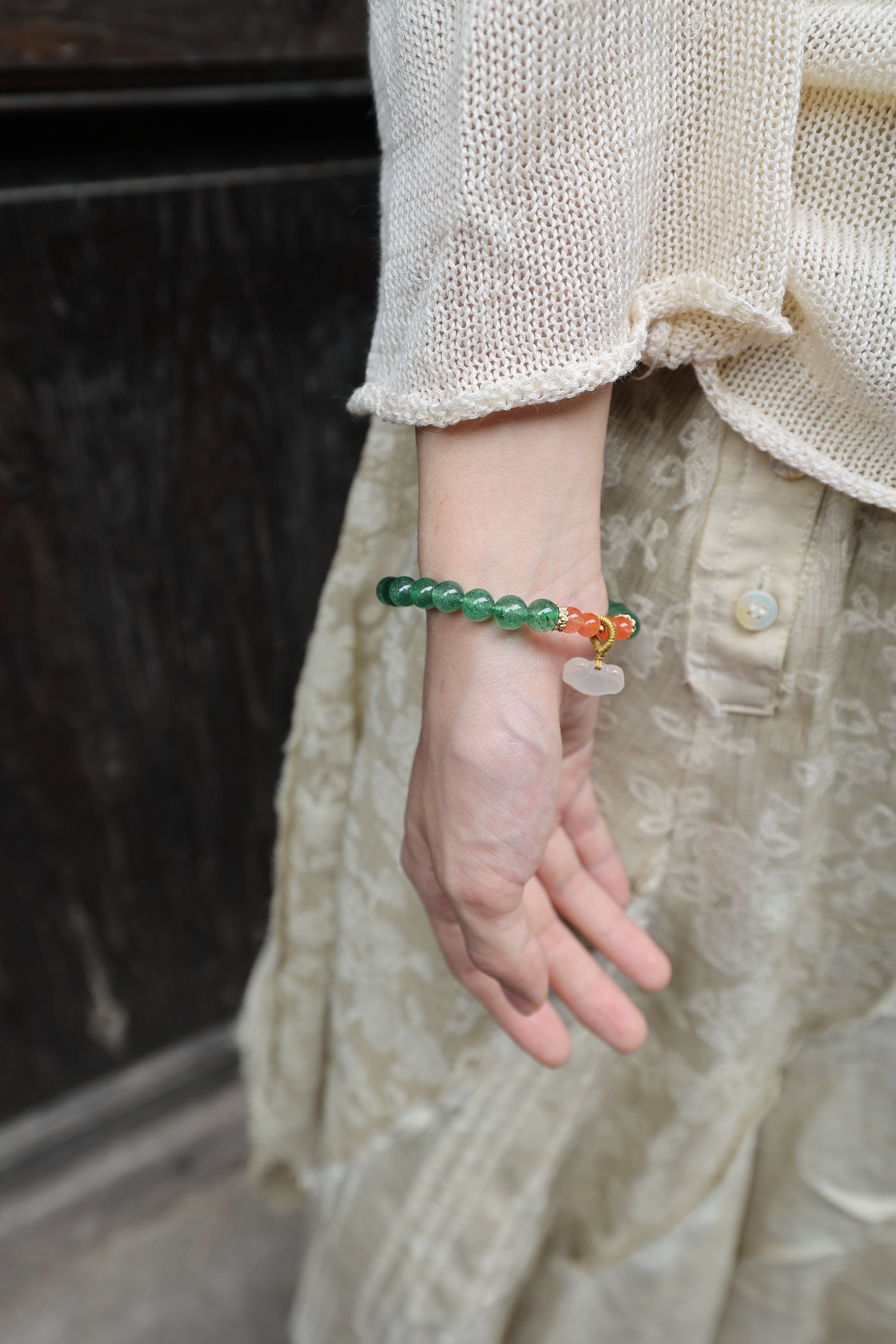 Green Strawberry Quartz, South Red Agate, and White Agate Bracelet