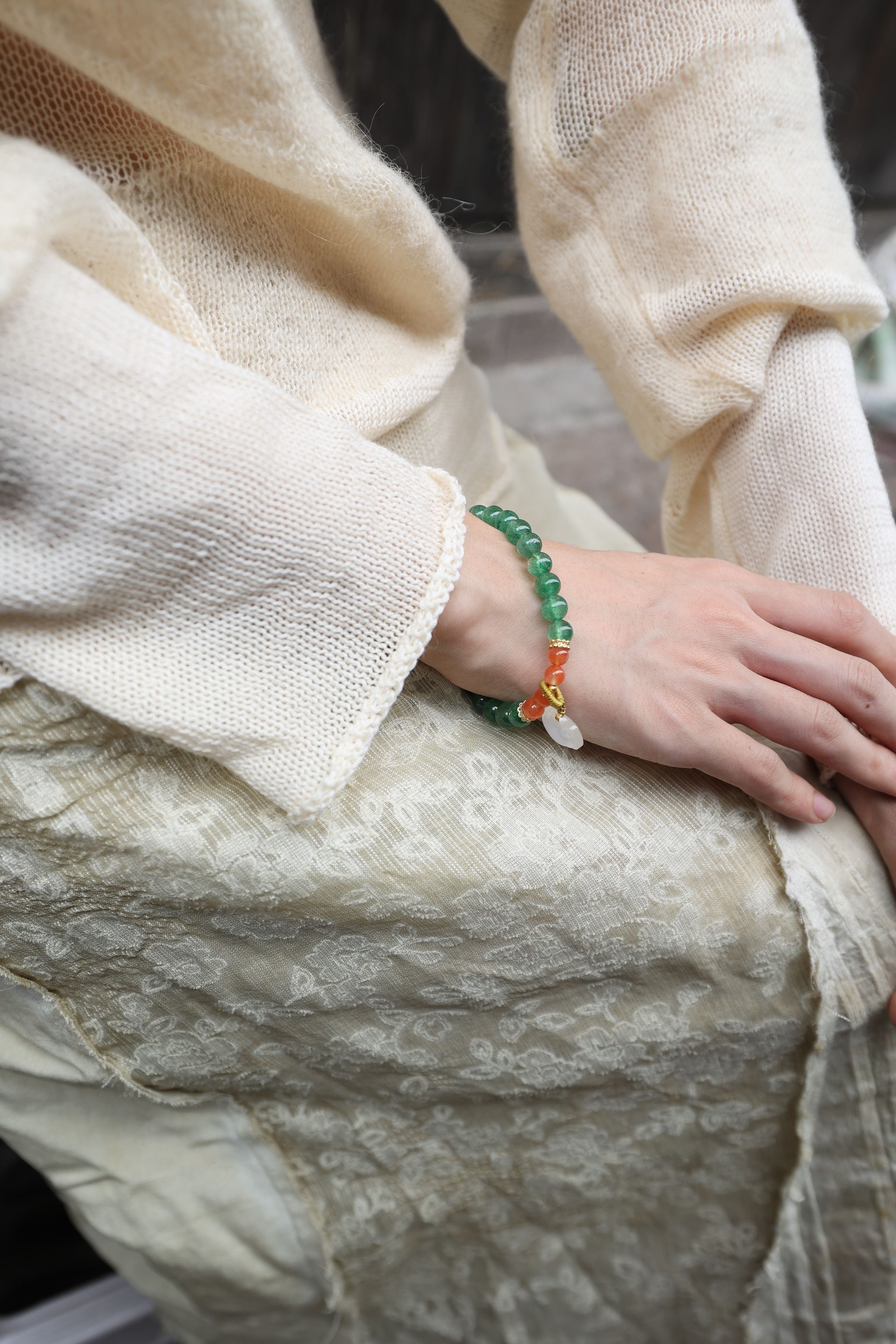 Green Strawberry Quartz, South Red Agate, and White Agate Bracelet