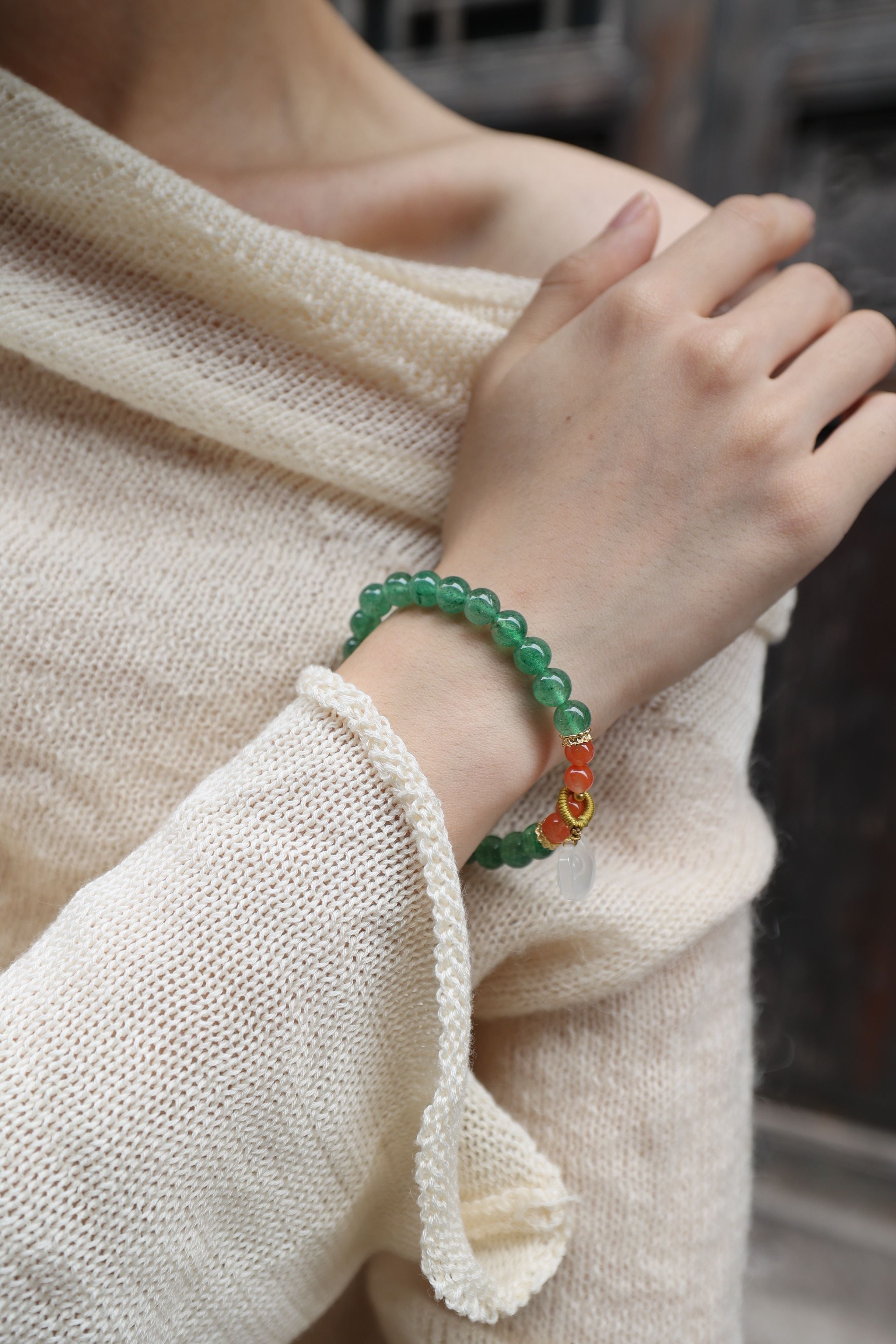 Green Strawberry Quartz, South Red Agate, and White Agate Bracelet