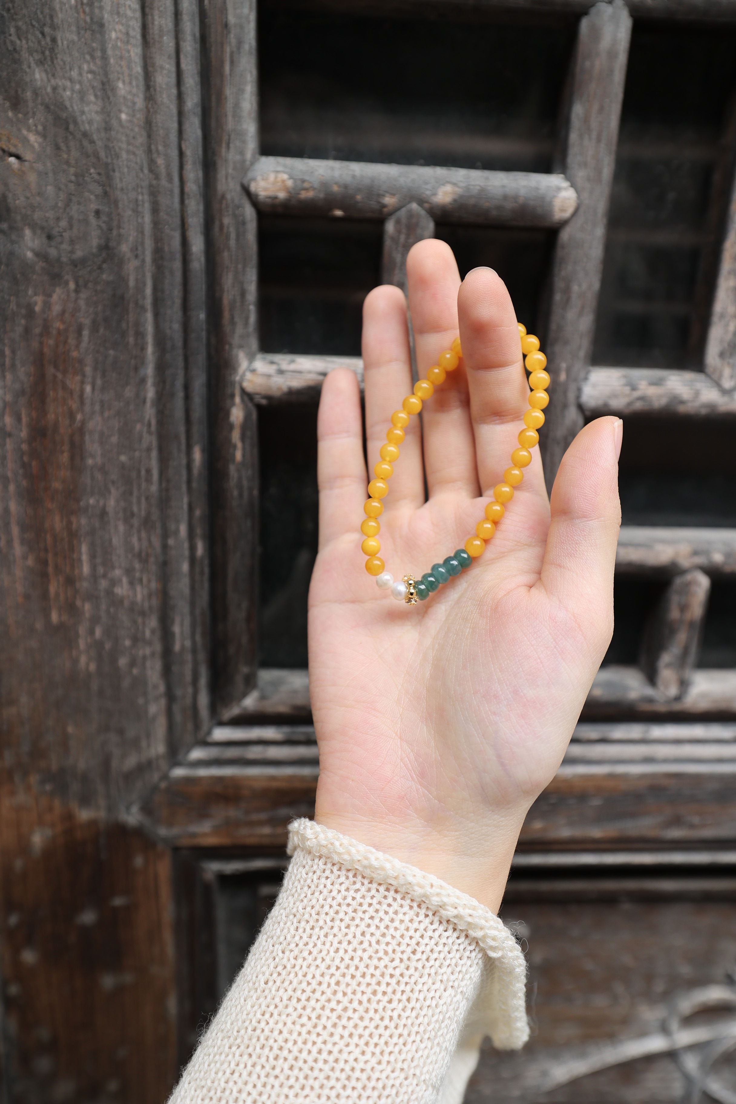 Amber, Jade, and Pearl Bracelet, 16cm with 8mm Beads