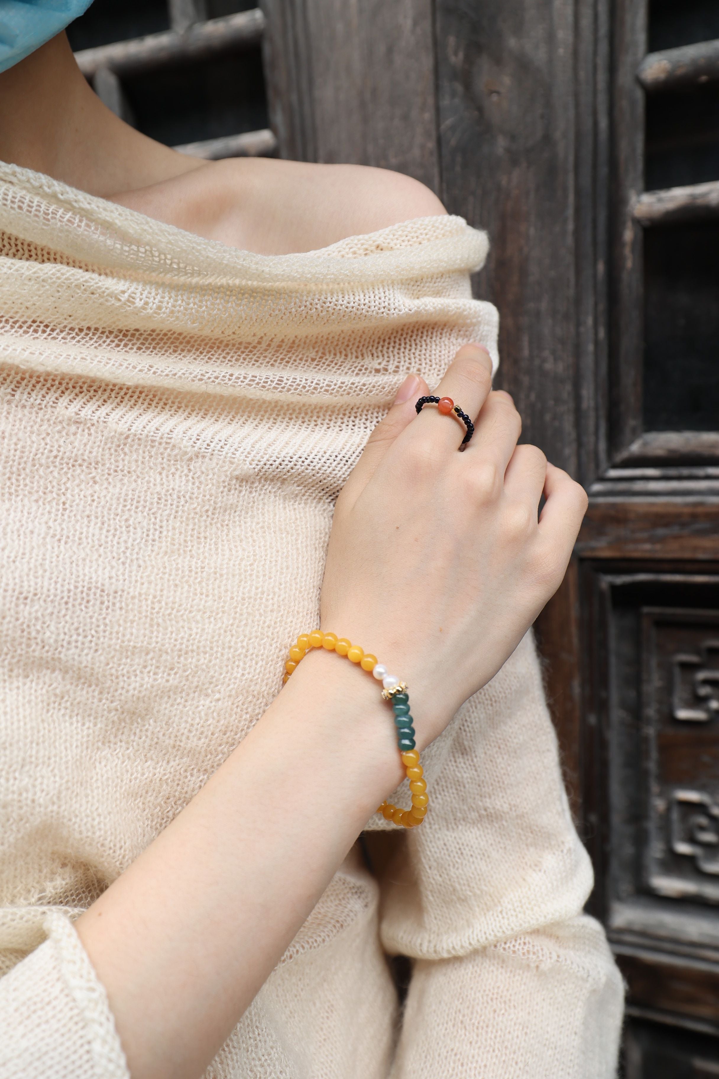 Amber, Jade, and Pearl Bracelet, 16cm with 8mm Beads