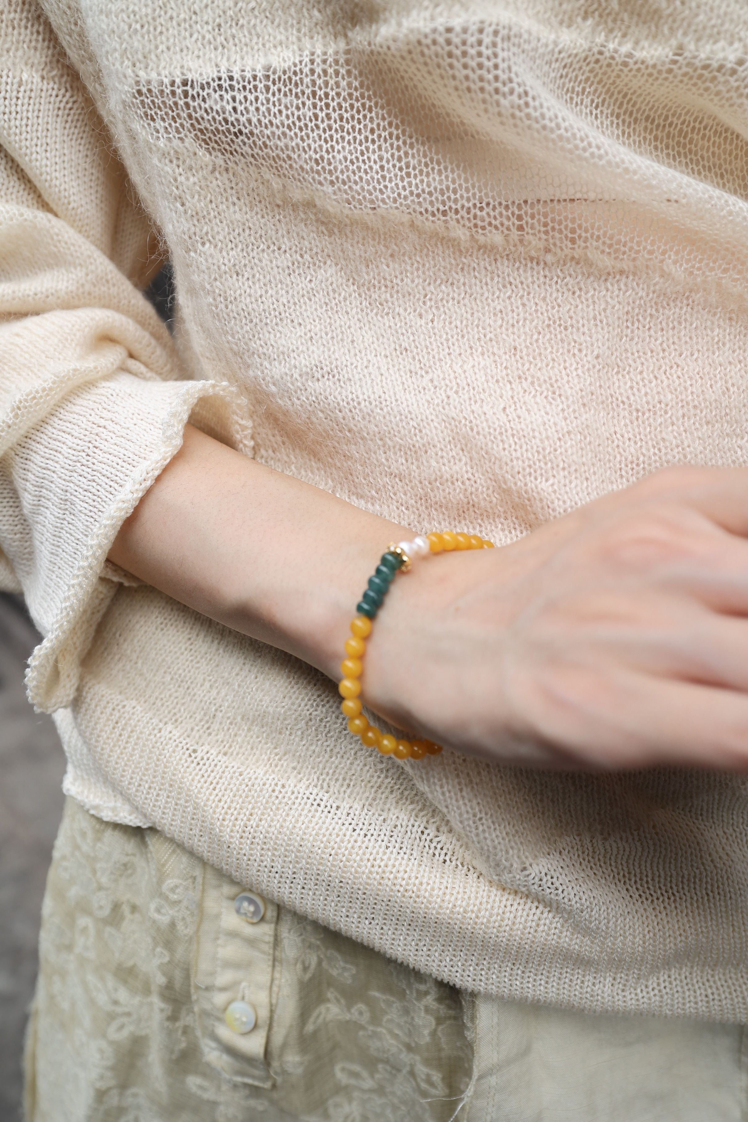 Amber, Jade, and Pearl Bracelet, 16cm with 8mm Beads