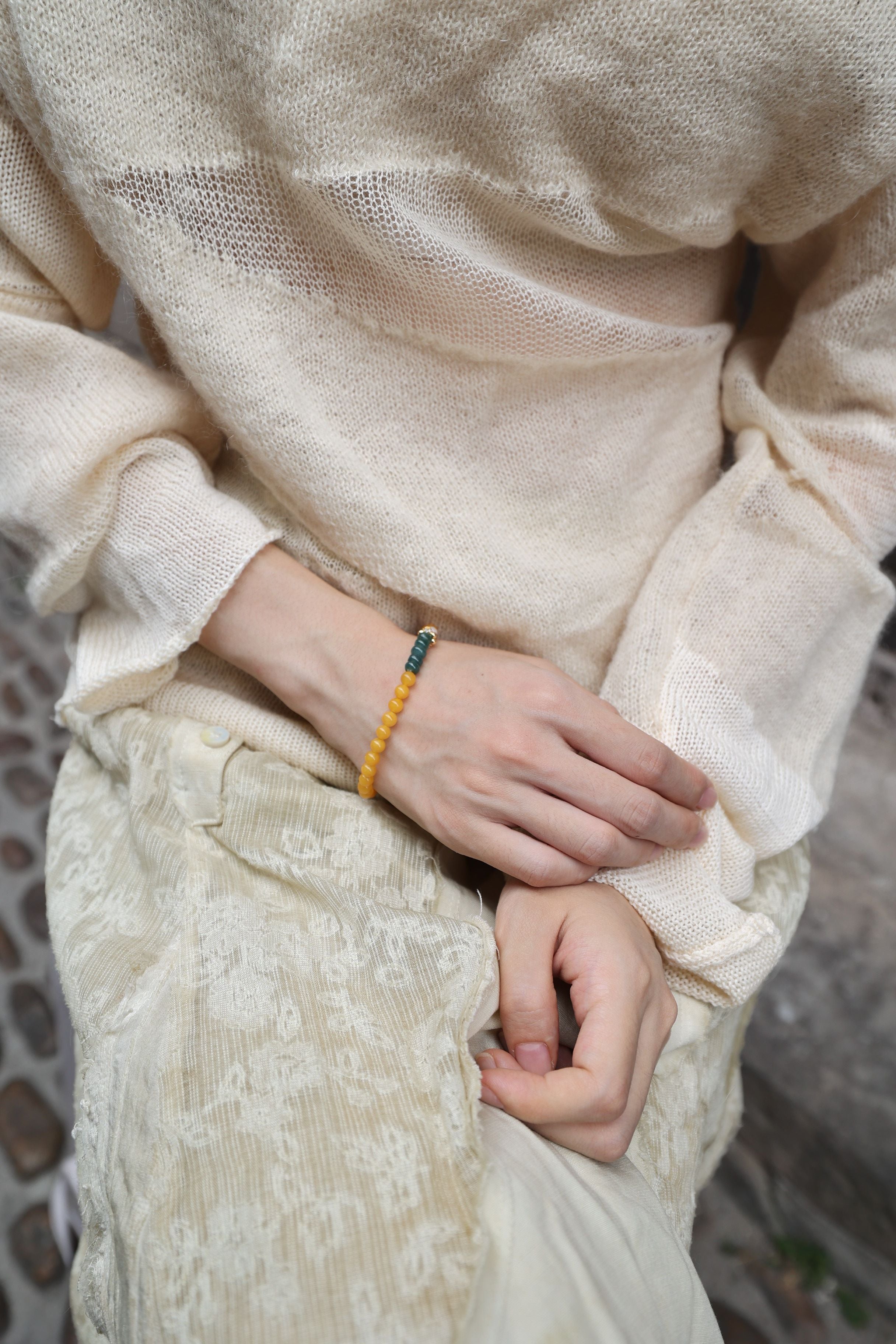 Amber, Jade, and Pearl Bracelet, 16cm with 8mm Beads