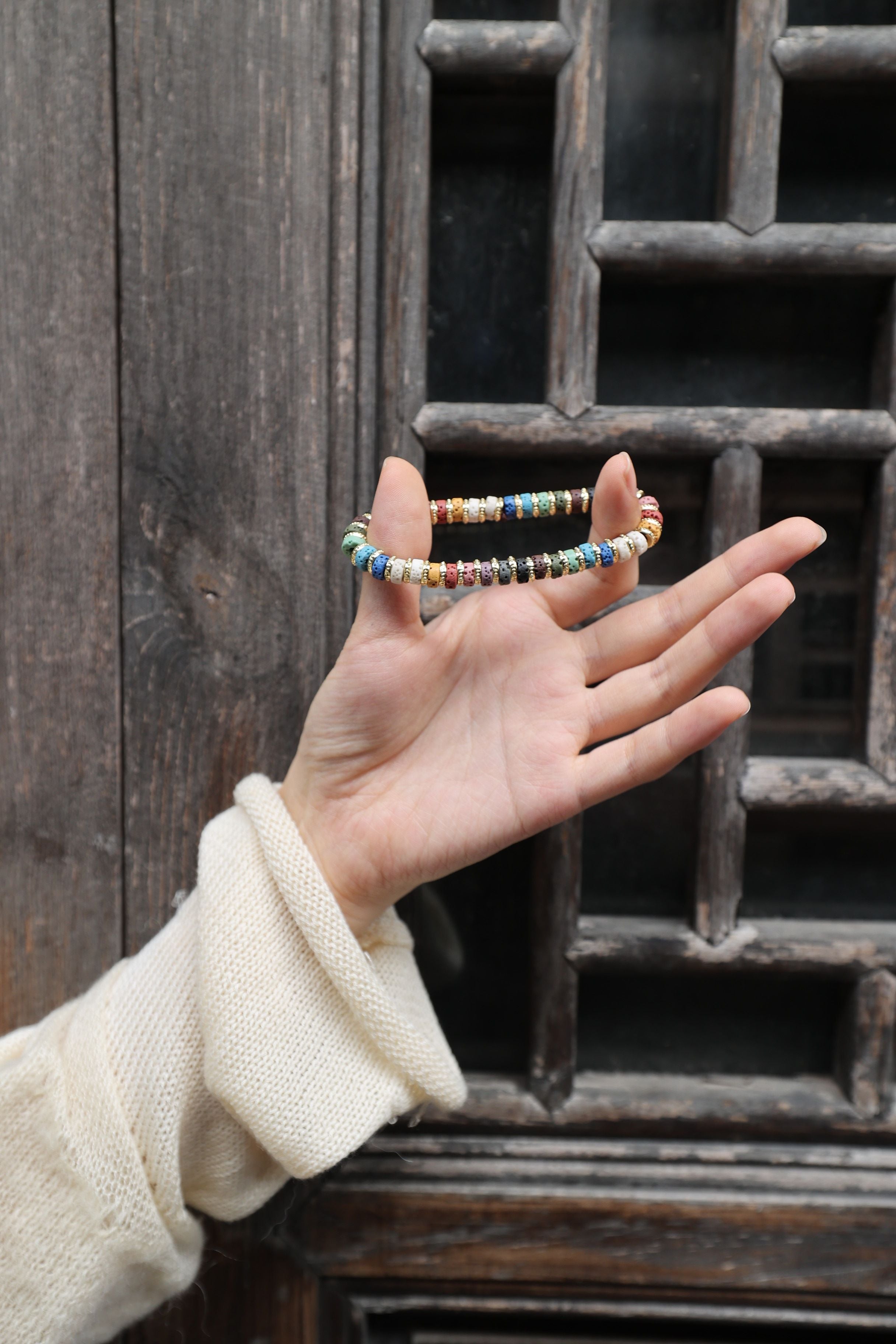 Multicolor Lava Stone Bracelet, 16cm with 7mm Beads