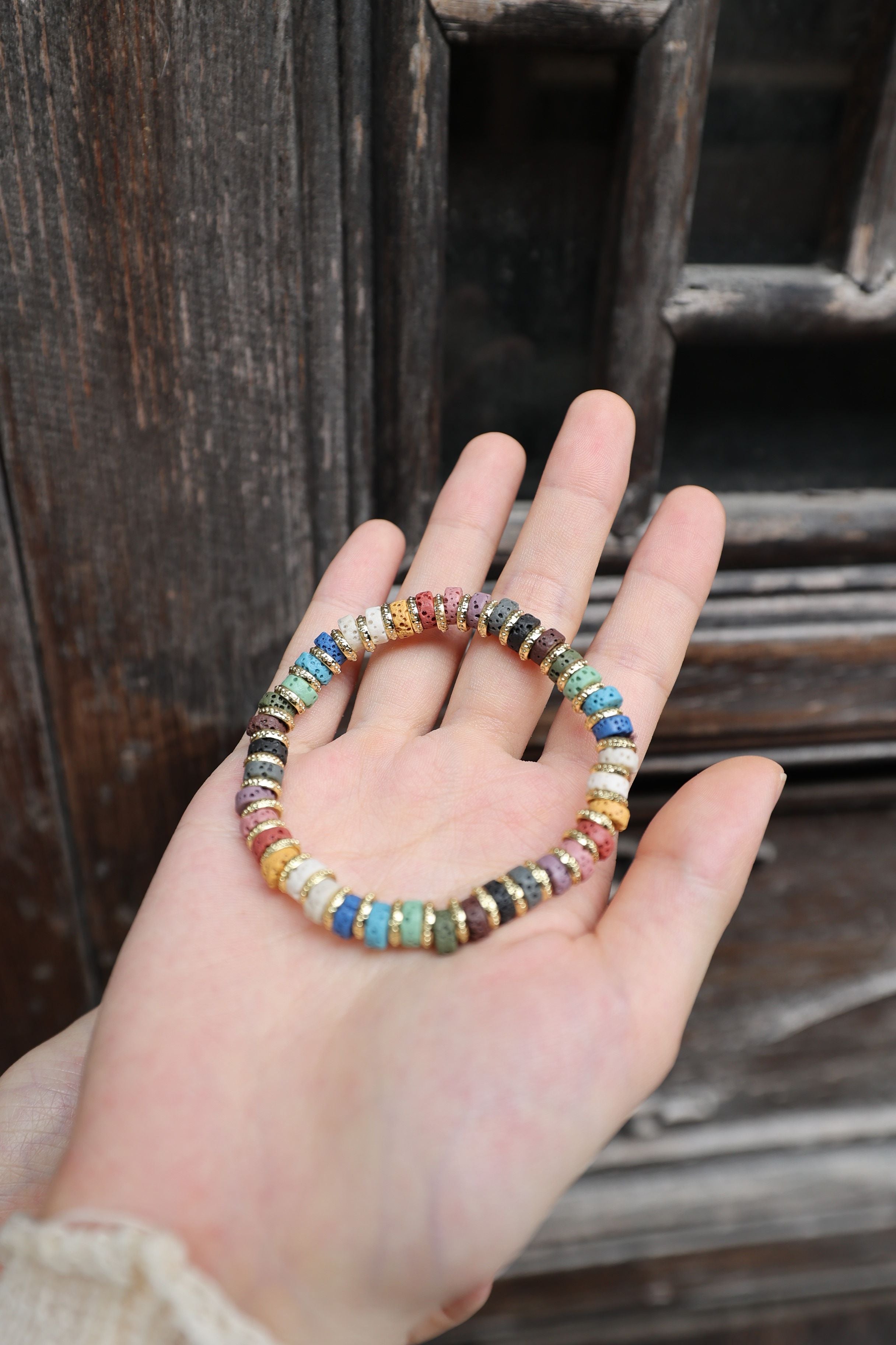 Multicolor Lava Stone Bracelet, 16cm with 7mm Beads