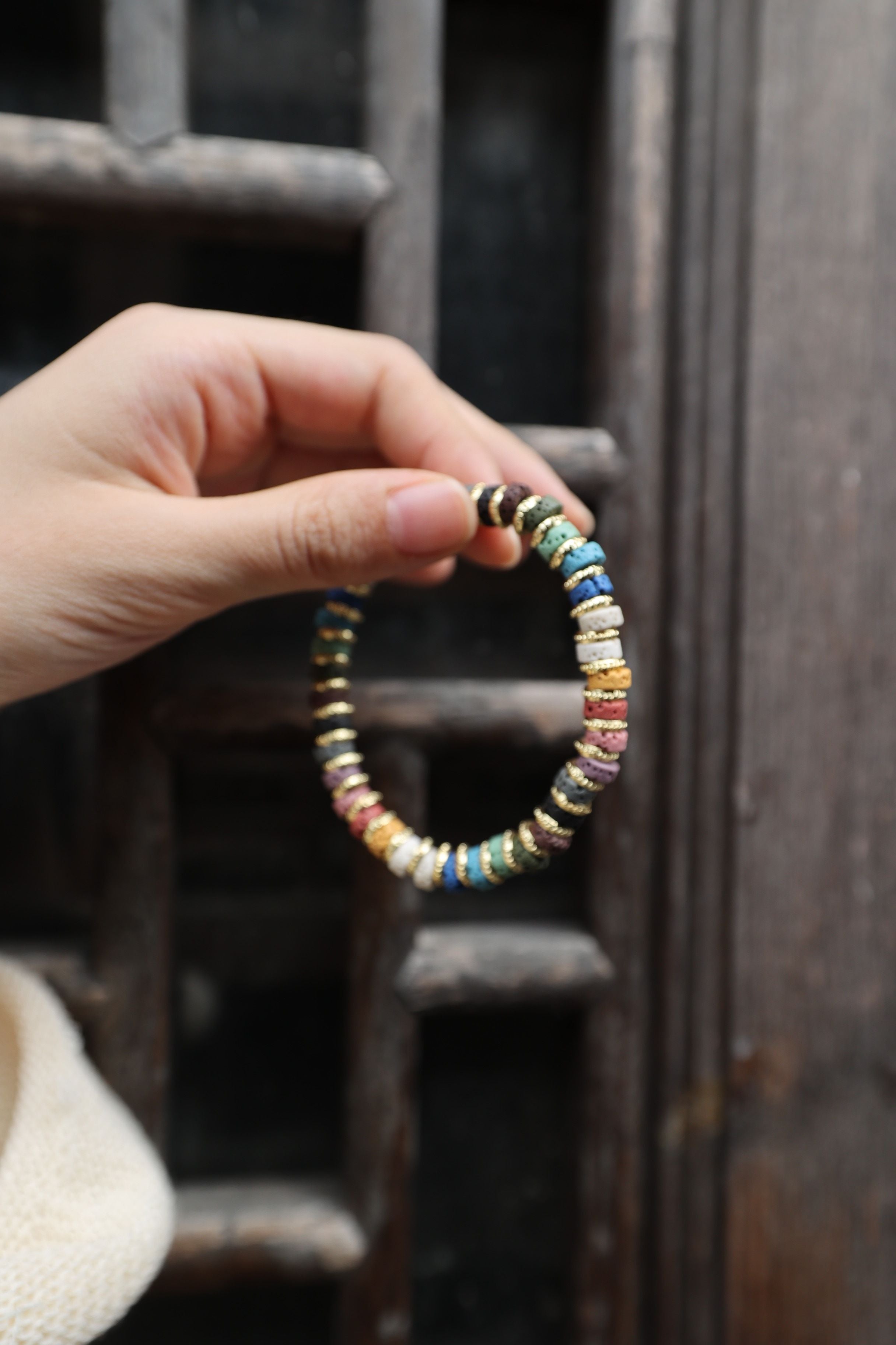 Multicolor Lava Stone Bracelet, 16cm with 7mm Beads