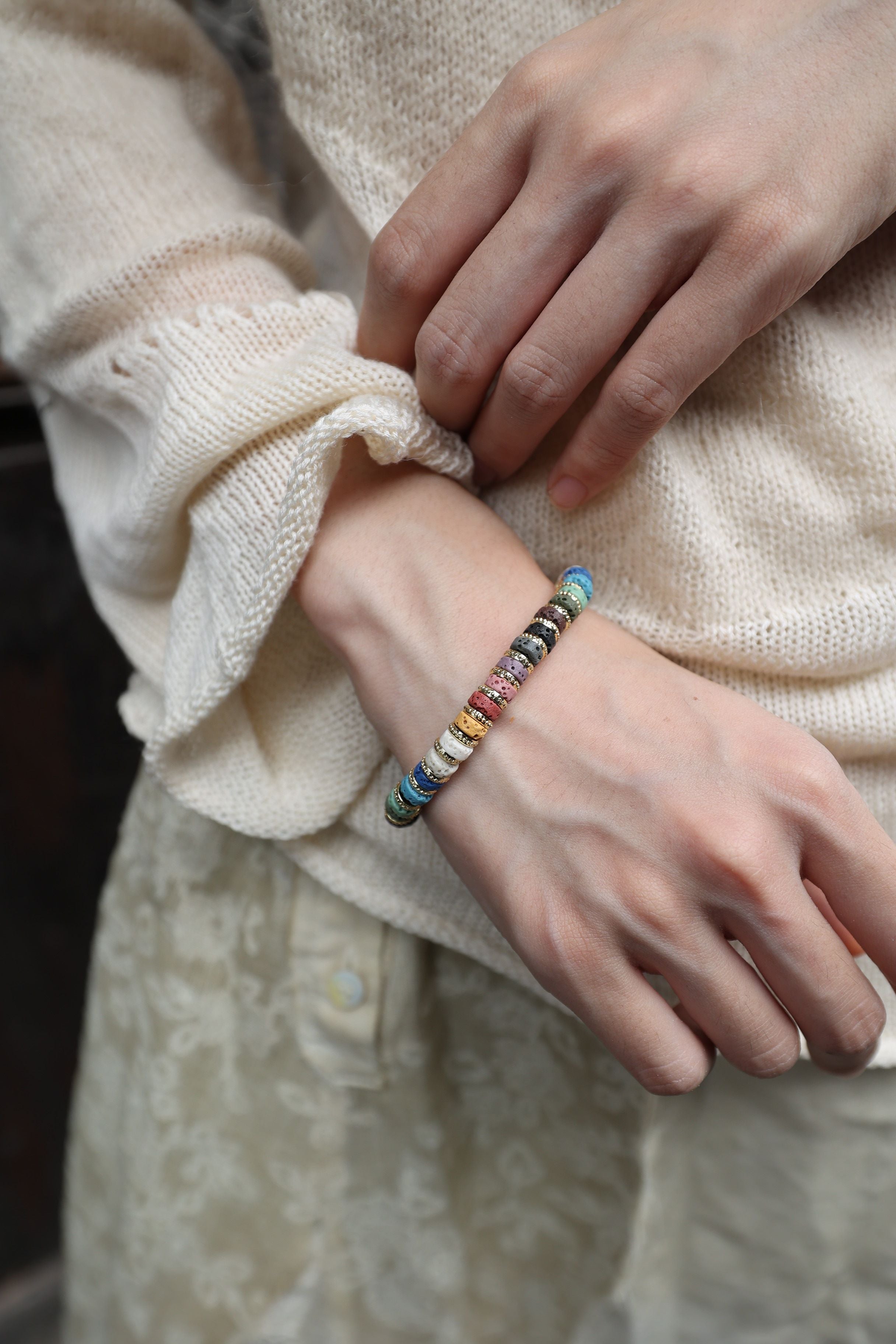 Multicolor Lava Stone Bracelet, 16cm with 7mm Beads