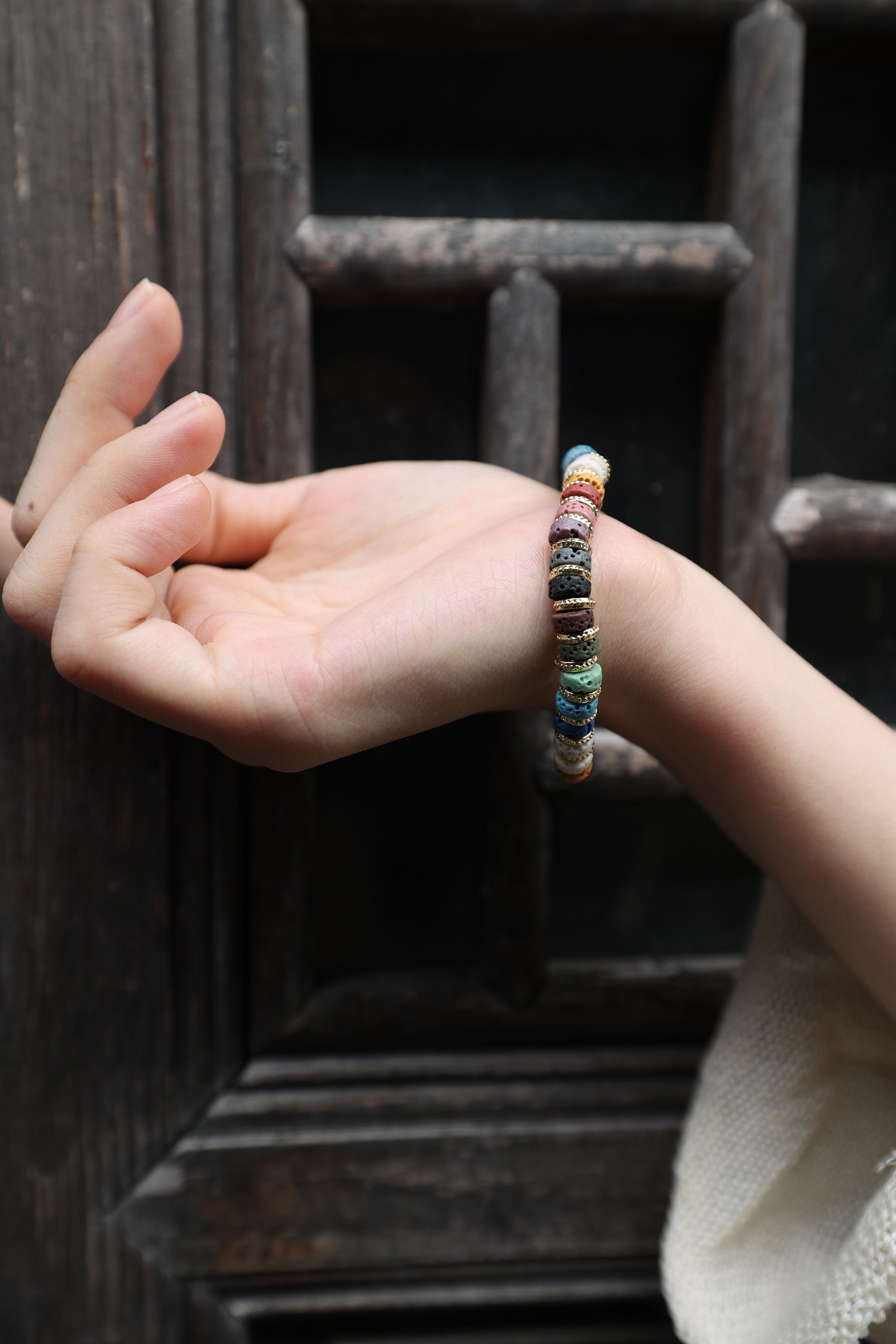 Multicolor Lava Stone Bracelet, 16cm with 7mm Beads