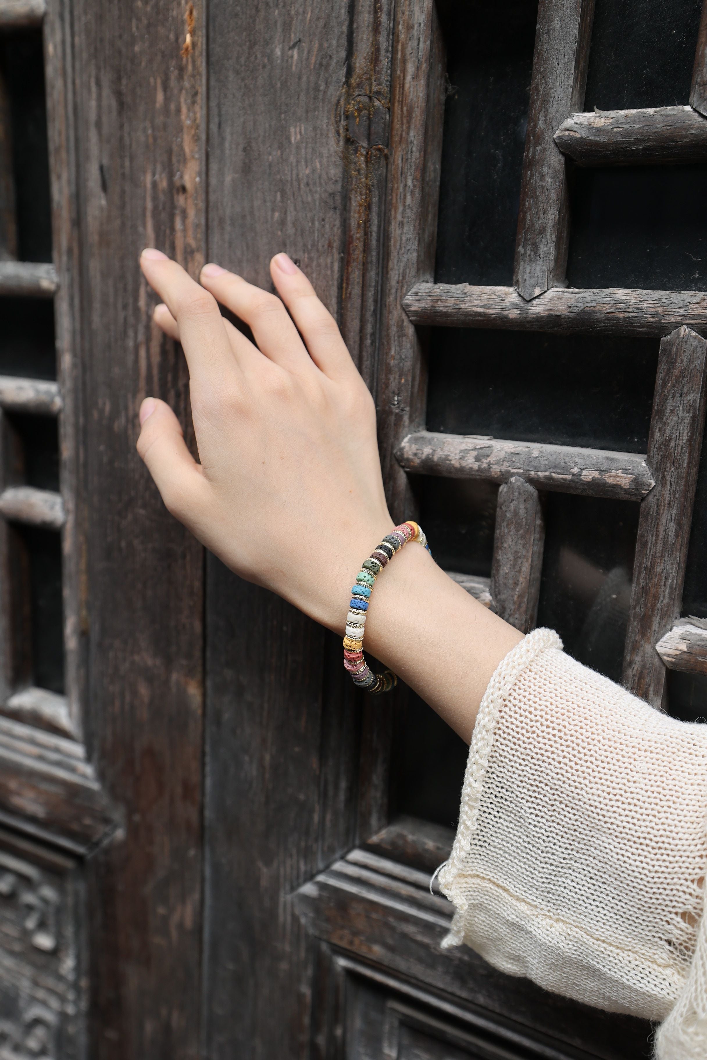 Multicolor Lava Stone Bracelet, 16cm with 7mm Beads