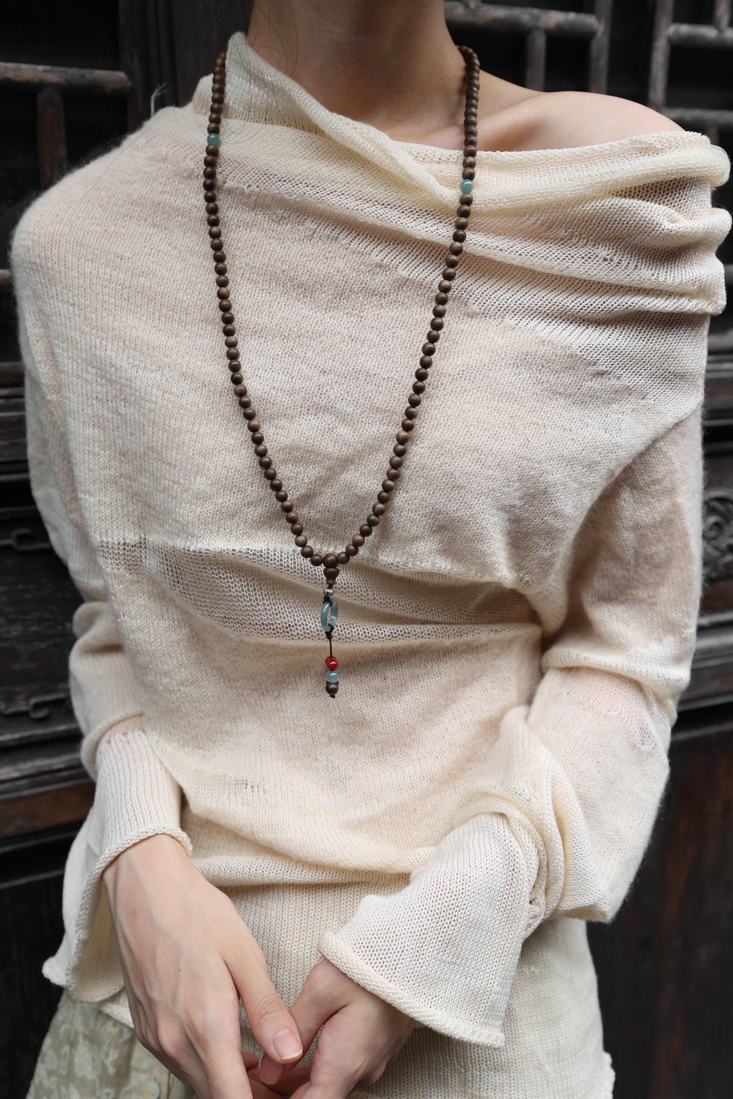 Agarwood, Blue Water Jade, and Red Agate Necklace & Bracelet Set with 925 Silver