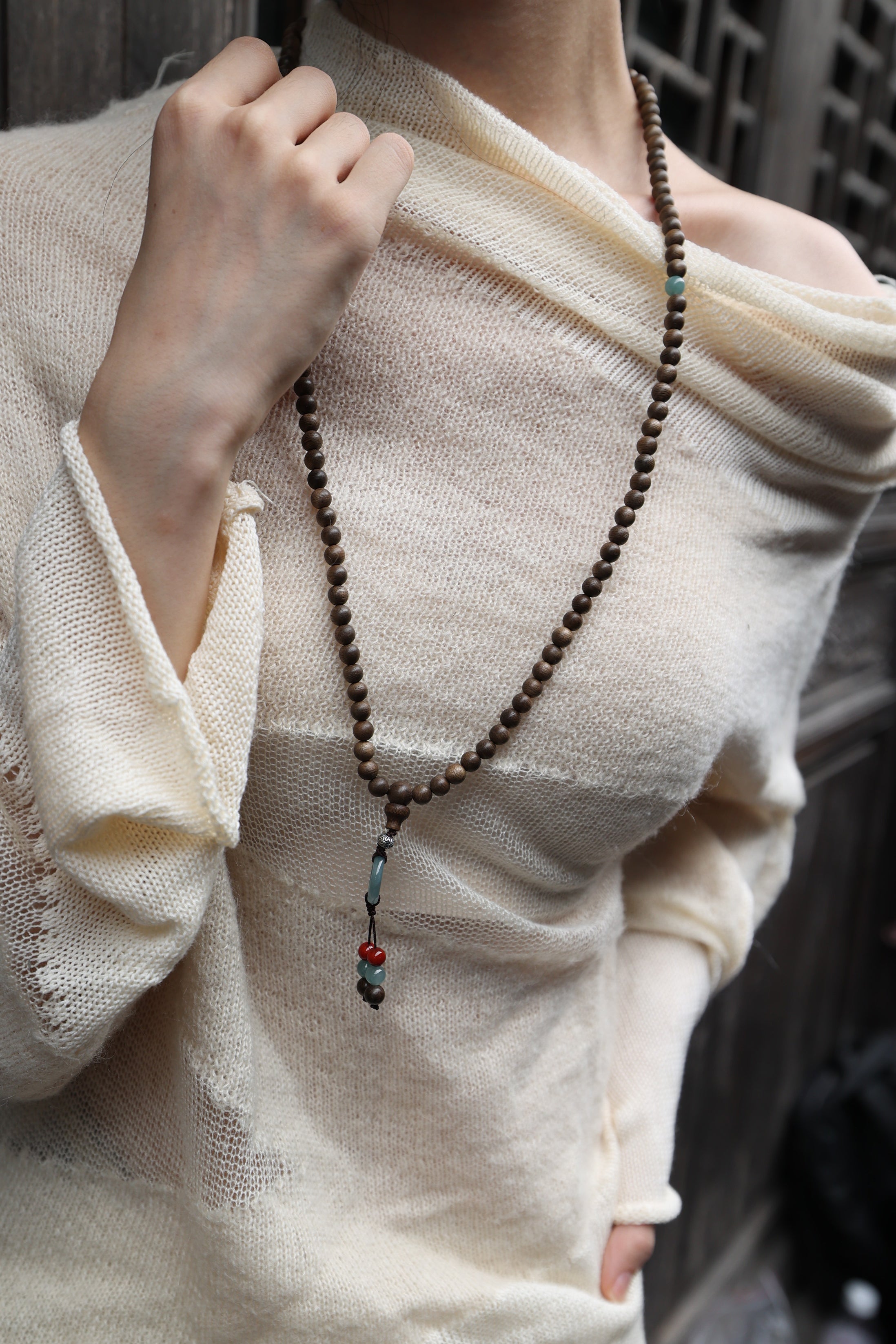 Agarwood, Blue Water Jade, and Red Agate Necklace & Bracelet Set with 925 Silver