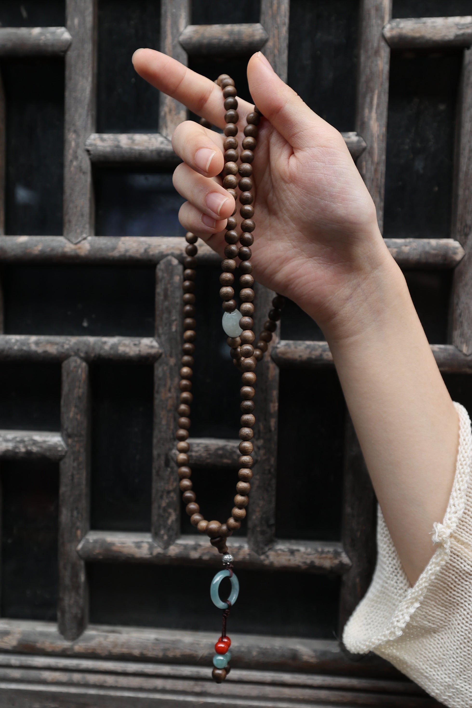 Agarwood, Blue Water Jade, and Red Agate Necklace & Bracelet Set with 925 Silver