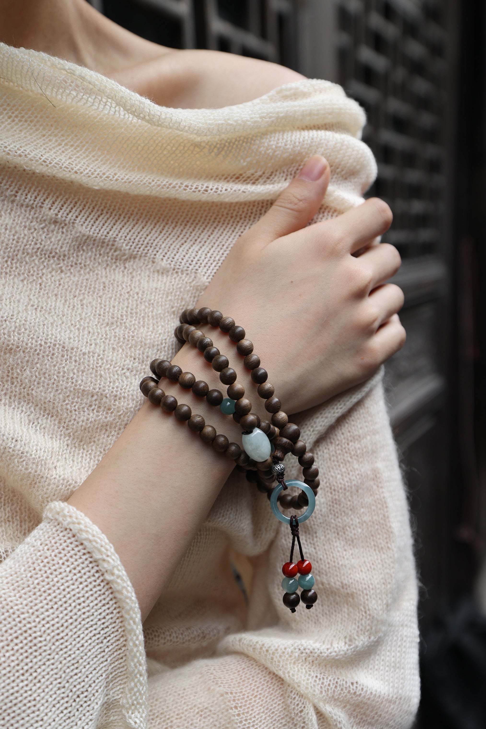 Agarwood, Blue Water Jade, and Red Agate Necklace & Bracelet Set with 925 Silver