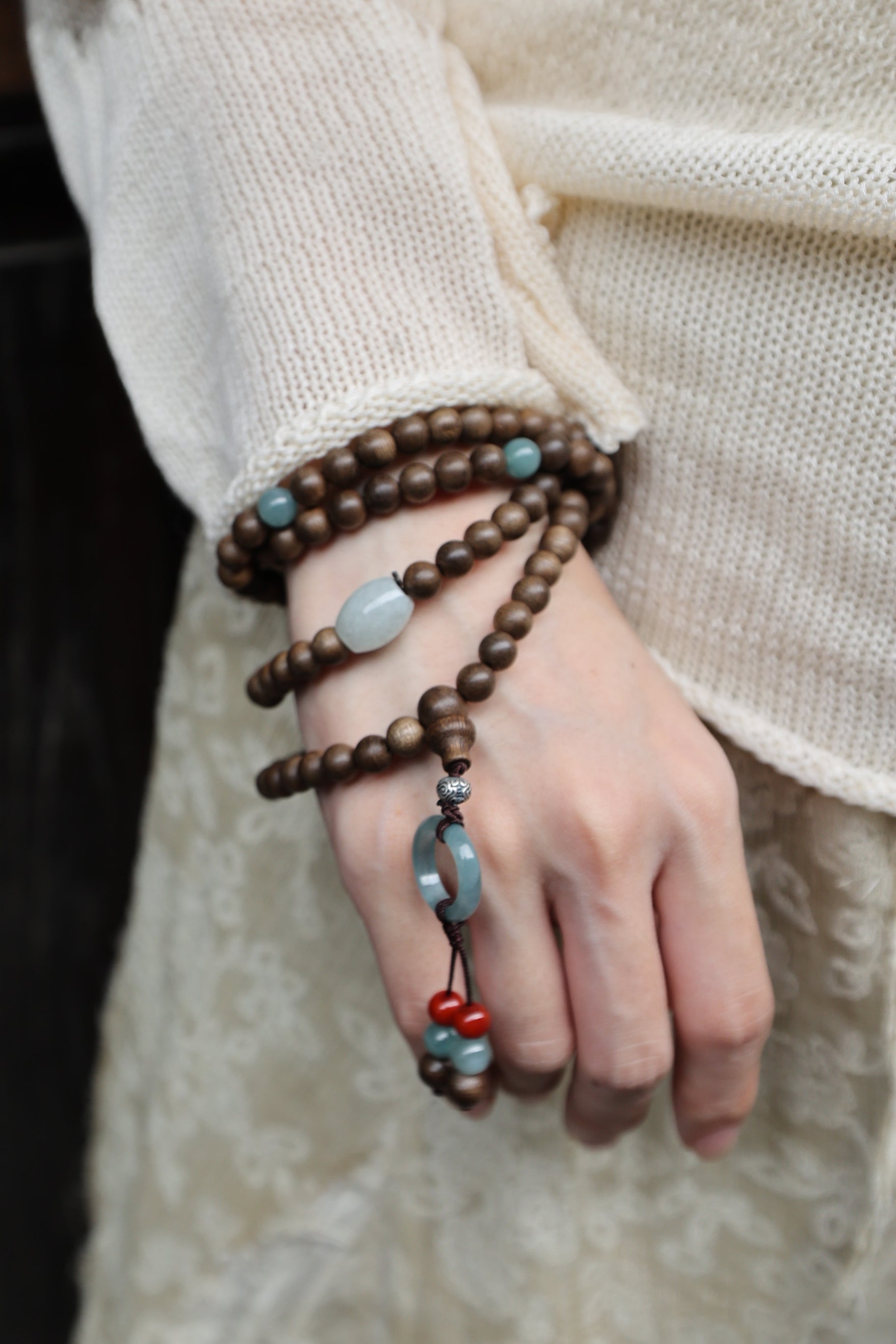 Agarwood, Blue Water Jade, and Red Agate Necklace & Bracelet Set with 925 Silver