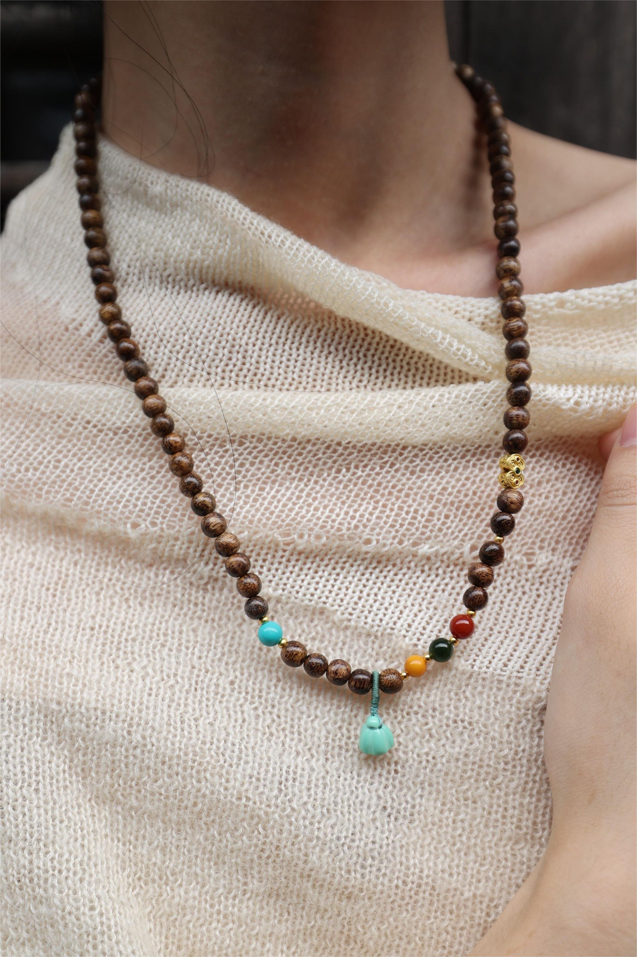 Buddhist Harmony 4-Gem Necklace/Bracelet: Agarwood, Amber, Jasper & Agate - 35cm