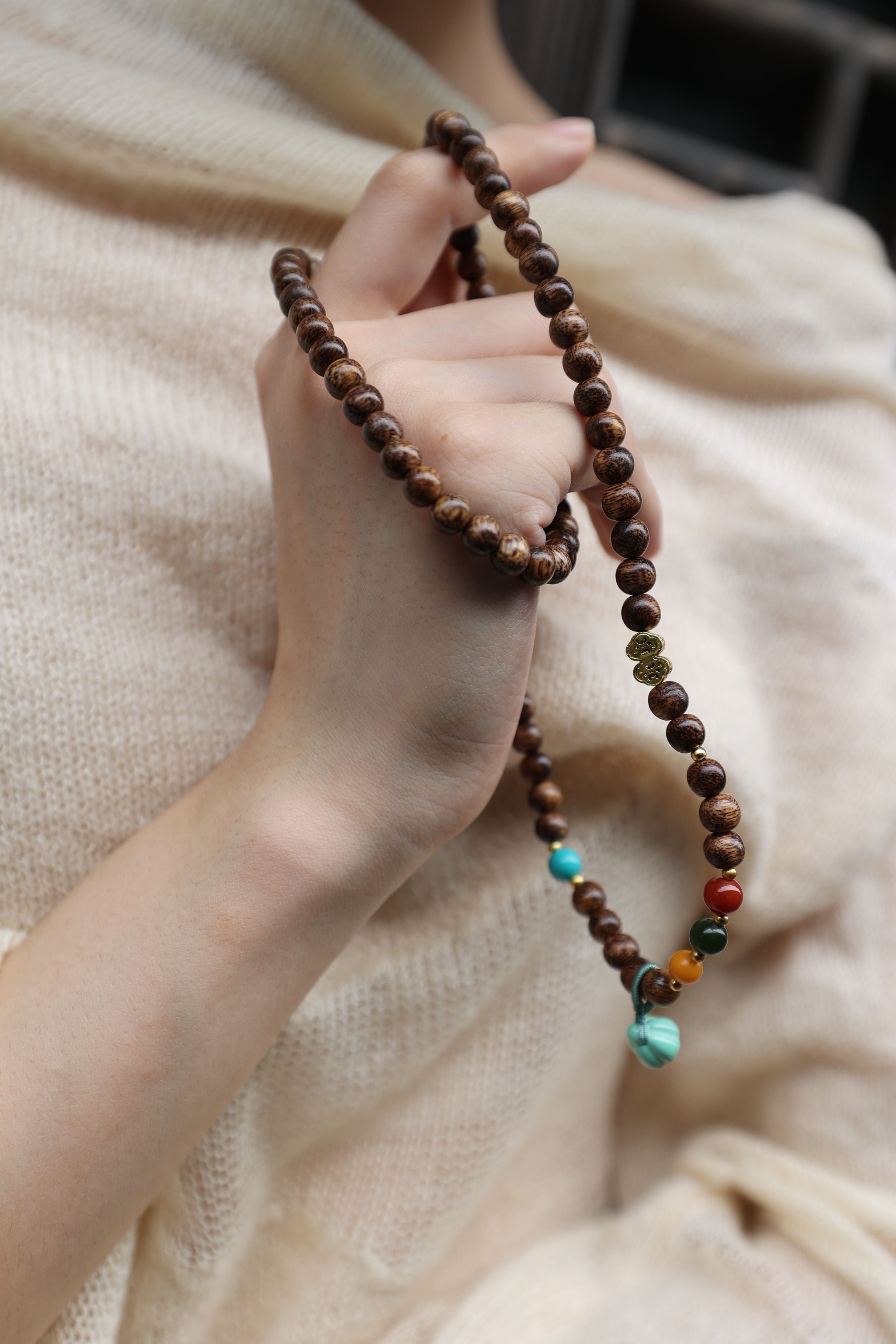 Buddhist Harmony 4-Gem Necklace/Bracelet: Agarwood, Amber, Jasper & Agate - 35cm