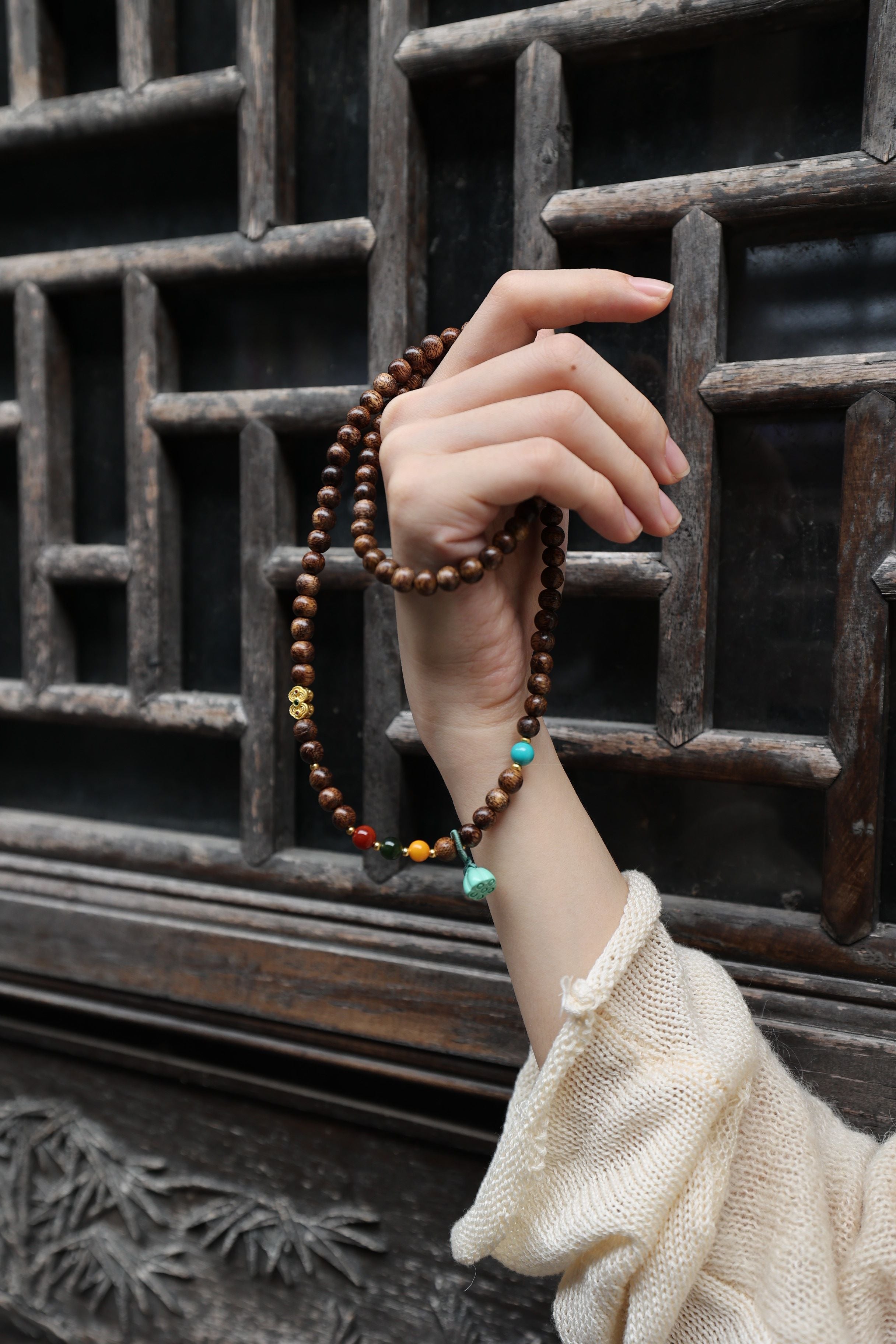 Buddhist Harmony 4-Gem Necklace/Bracelet: Agarwood, Amber, Jasper & Agate - 35cm