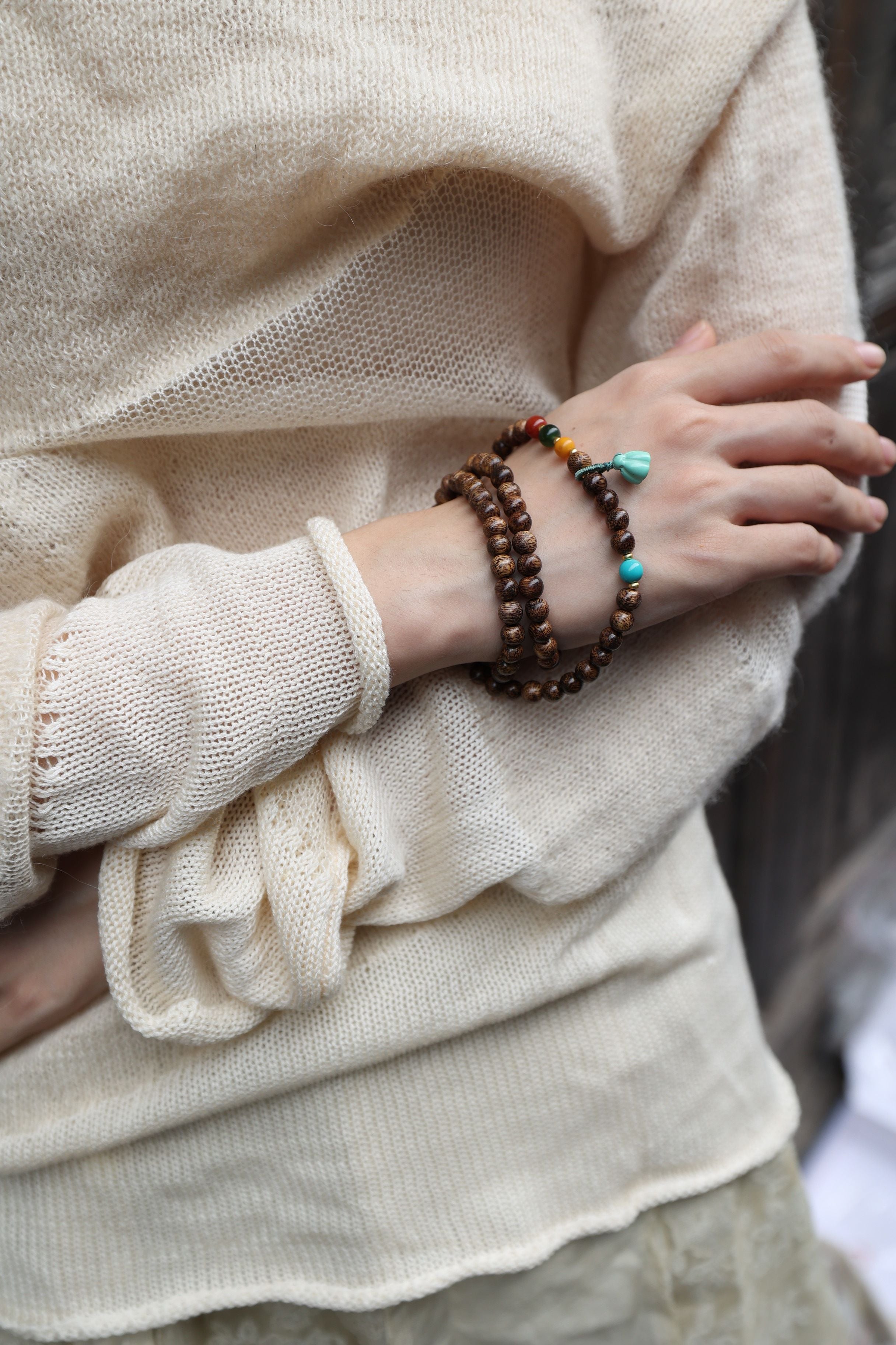 Buddhist Harmony 4-Gem Necklace/Bracelet: Agarwood, Amber, Jasper & Agate - 35cm