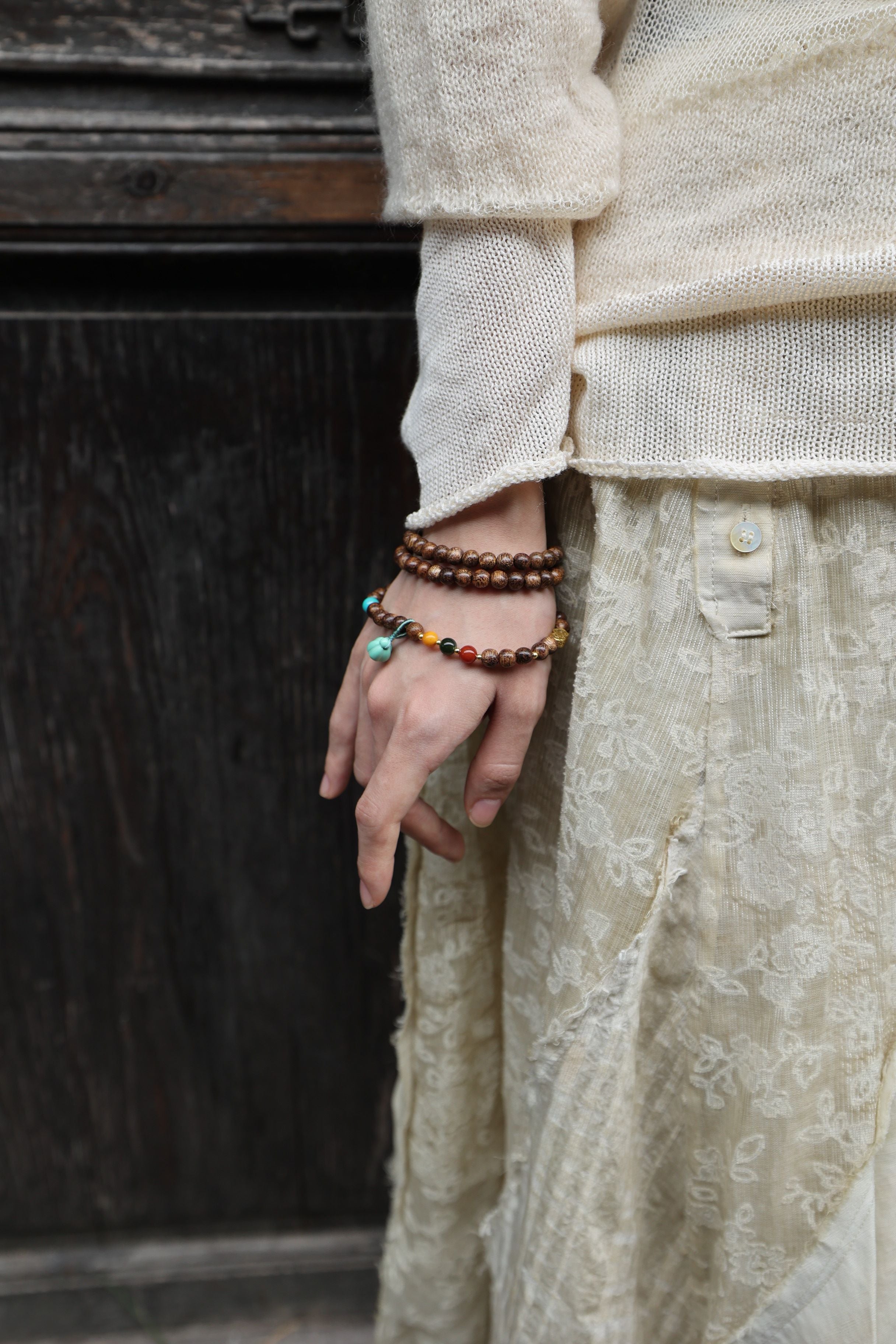 Buddhist Harmony 4-Gem Necklace/Bracelet: Agarwood, Amber, Jasper & Agate - 35cm