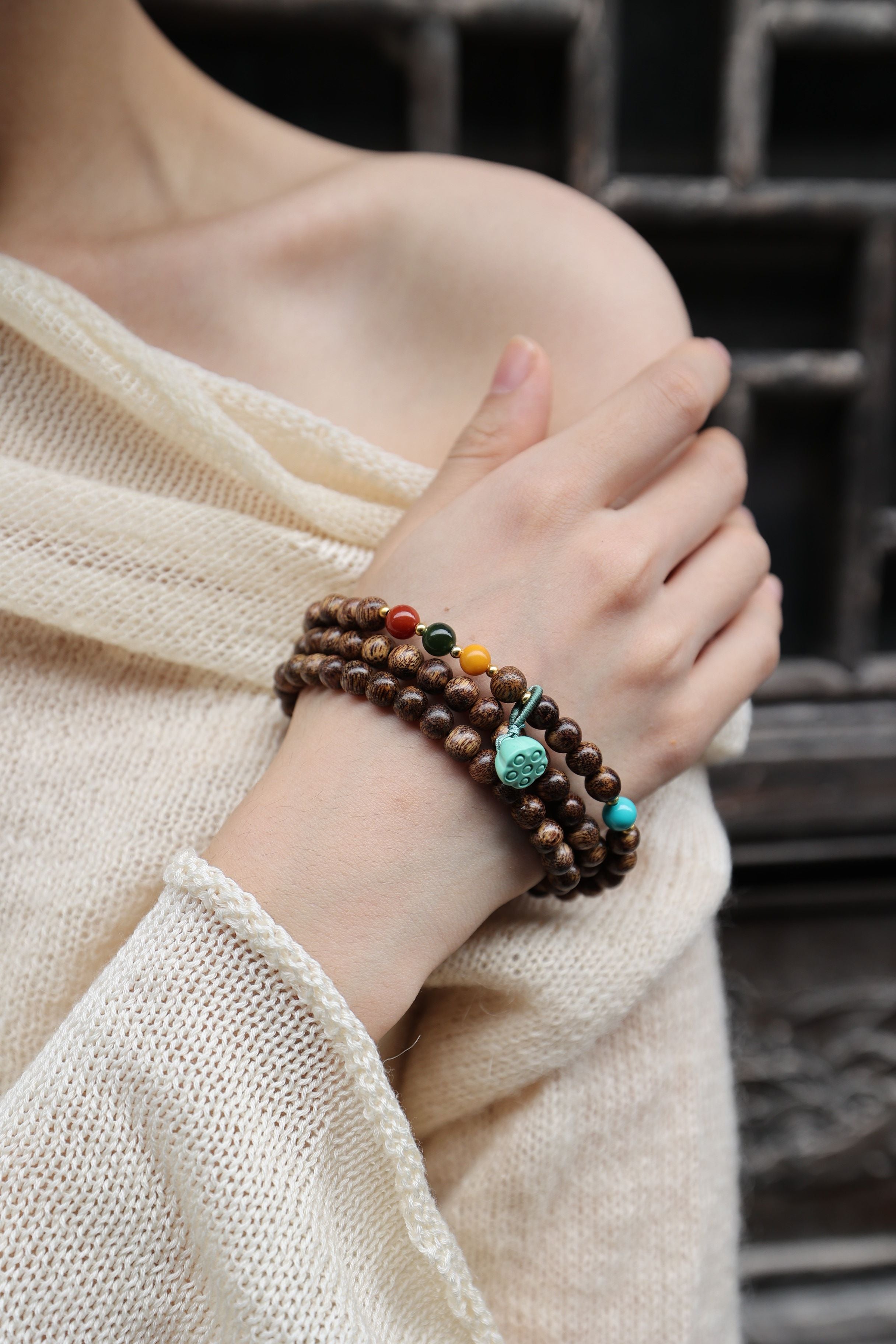 Buddhist Harmony 4-Gem Necklace/Bracelet: Agarwood, Amber, Jasper & Agate - 35cm