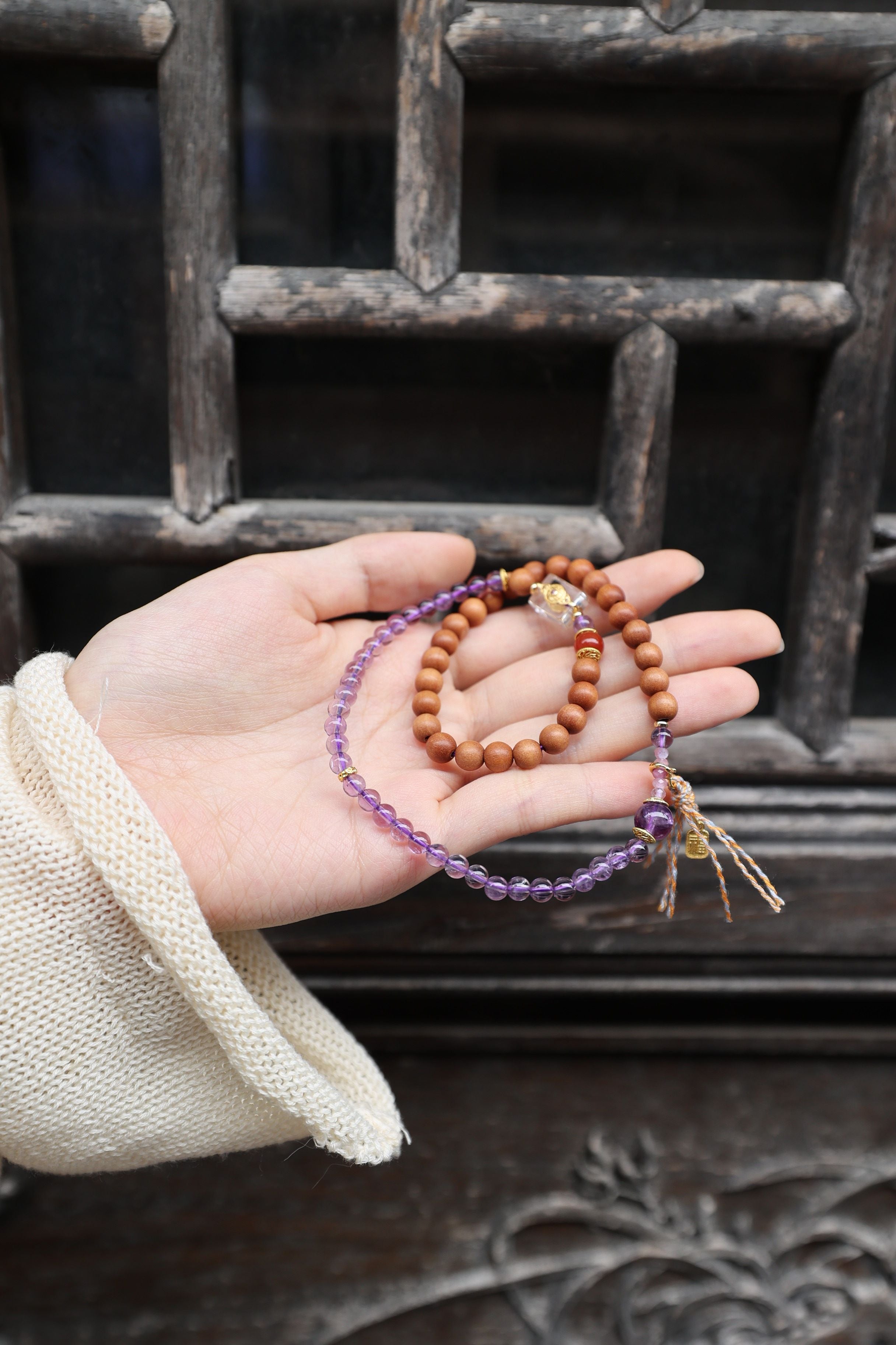 Amethyst, Barbiewood, and Red Agate Bracelet, 52cm with 8mm Beads