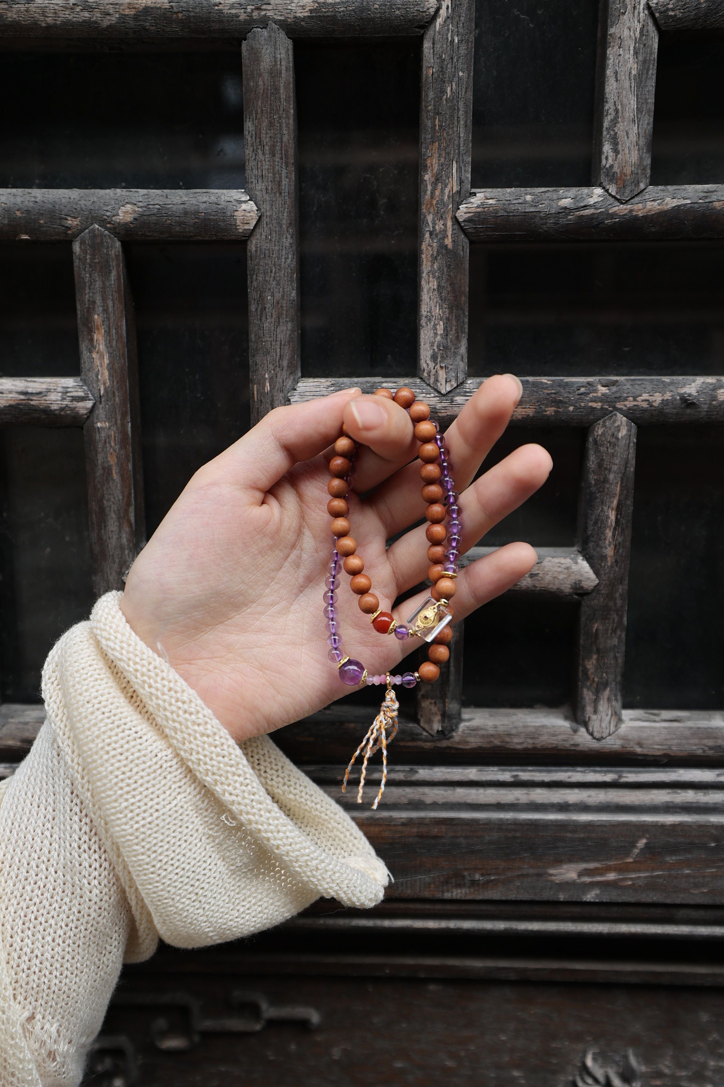 Amethyst, Barbiewood, and Red Agate Bracelet, 52cm with 8mm Beads