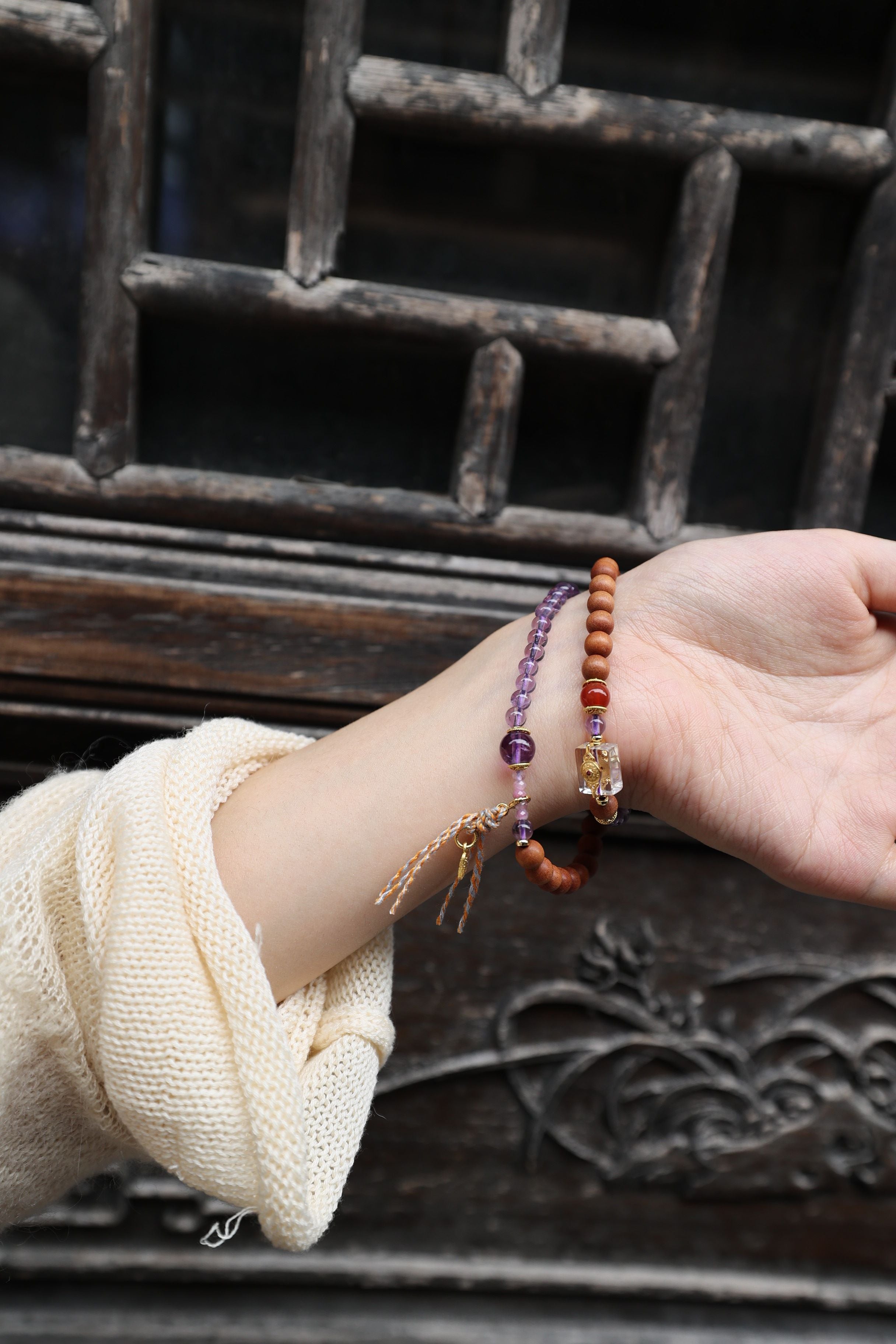 Amethyst, Barbiewood, and Red Agate Bracelet, 52cm with 8mm Beads