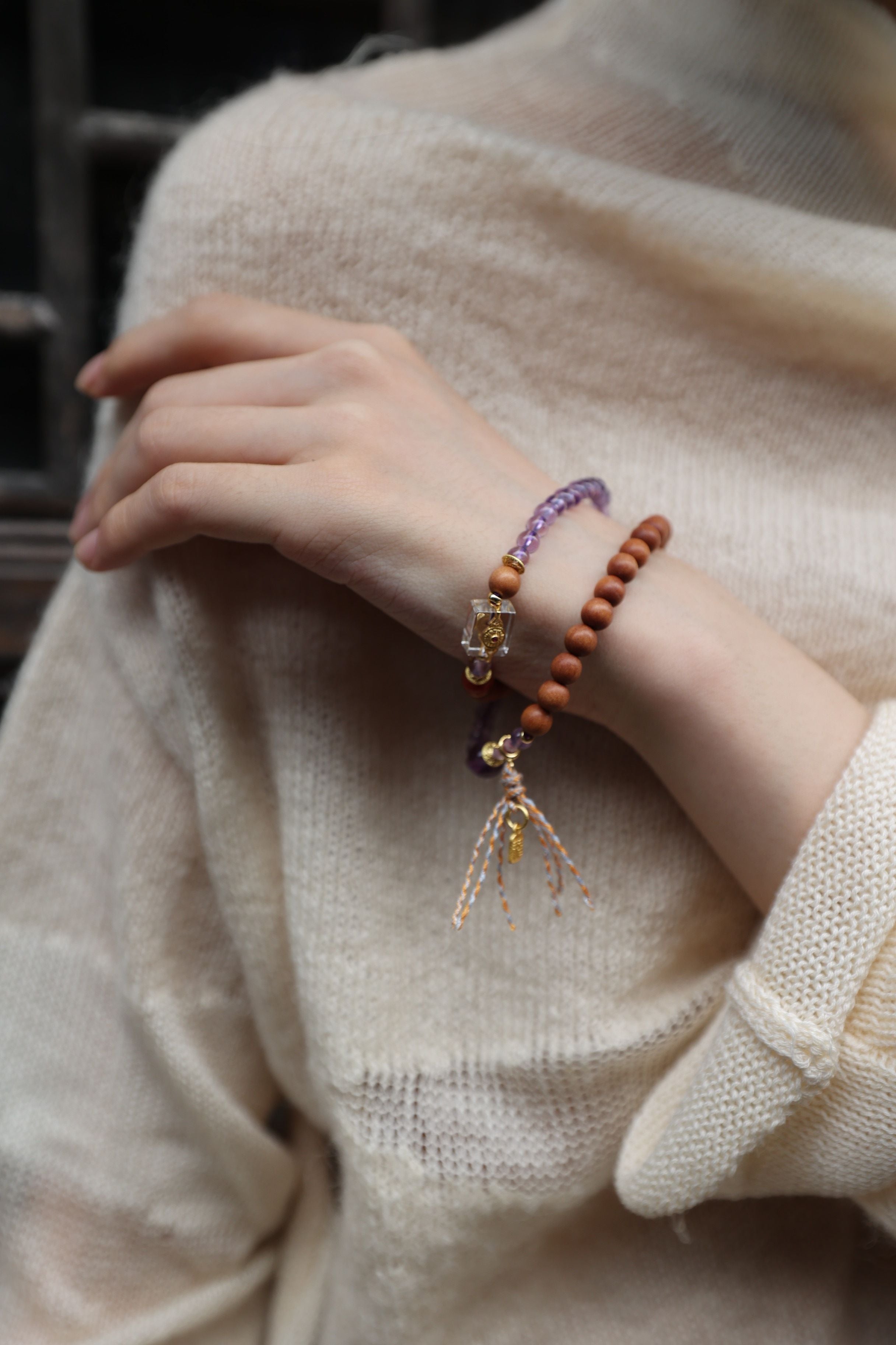 Amethyst, Barbiewood, and Red Agate Bracelet, 52cm with 8mm Beads