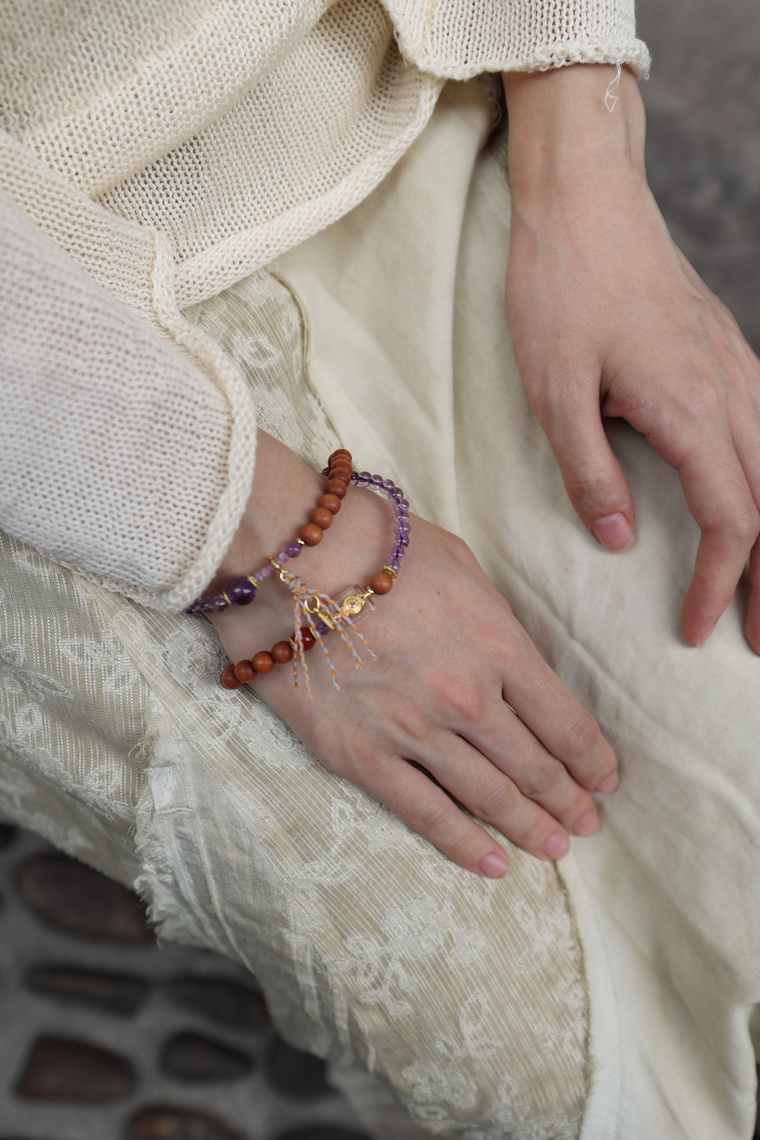 Amethyst, Barbiewood, and Red Agate Bracelet, 52cm with 8mm Beads