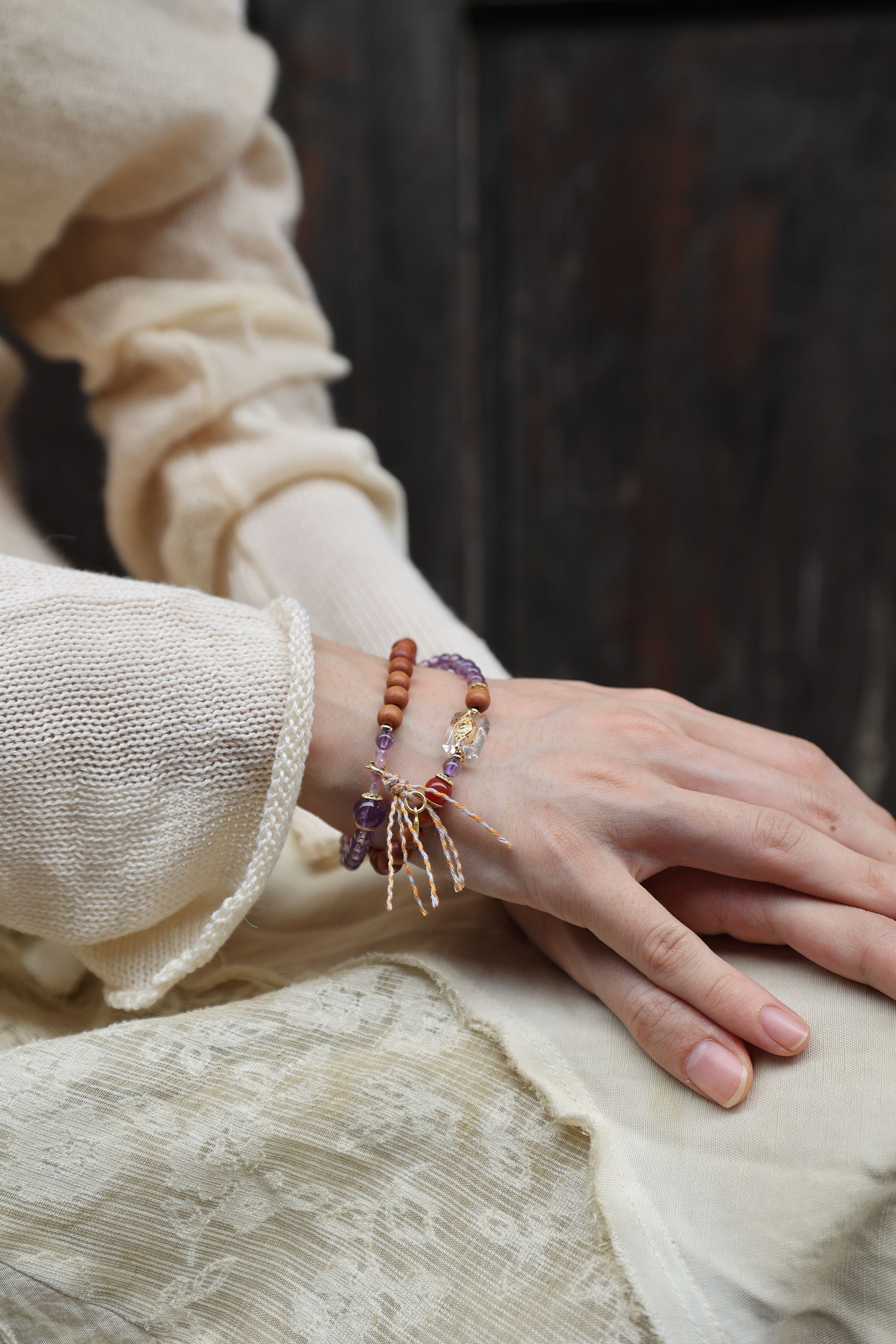 Amethyst, Barbiewood, and Red Agate Bracelet, 52cm with 8mm Beads