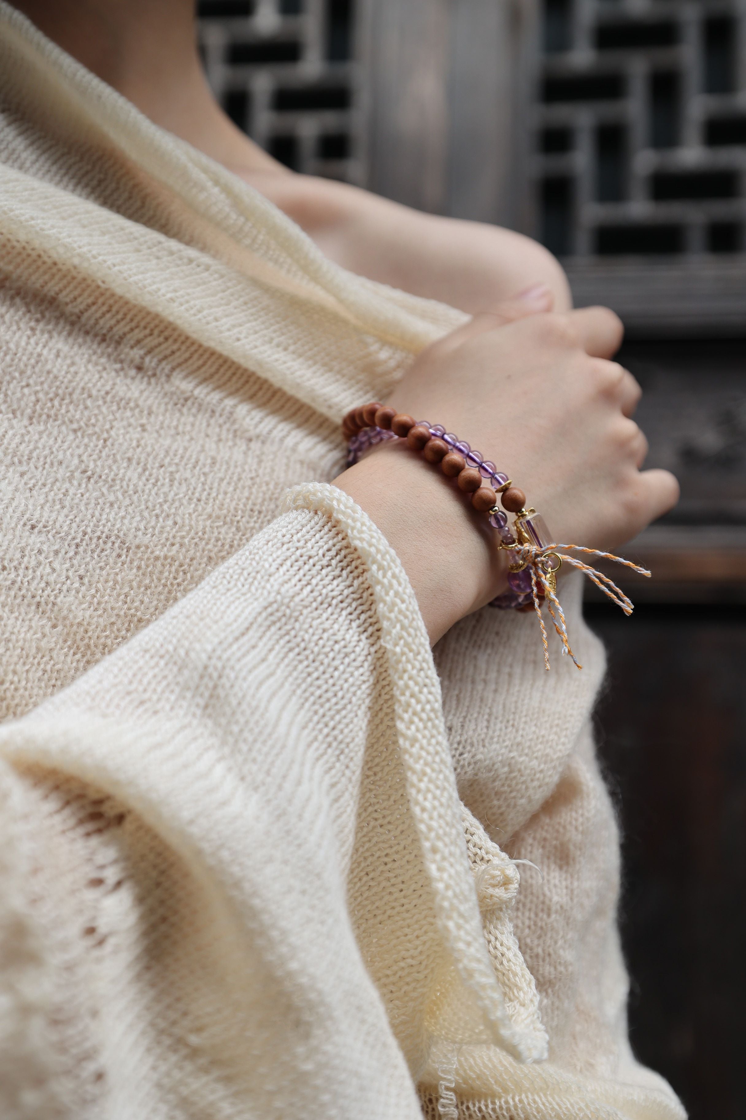 Amethyst, Barbiewood, and Red Agate Bracelet, 52cm with 8mm Beads