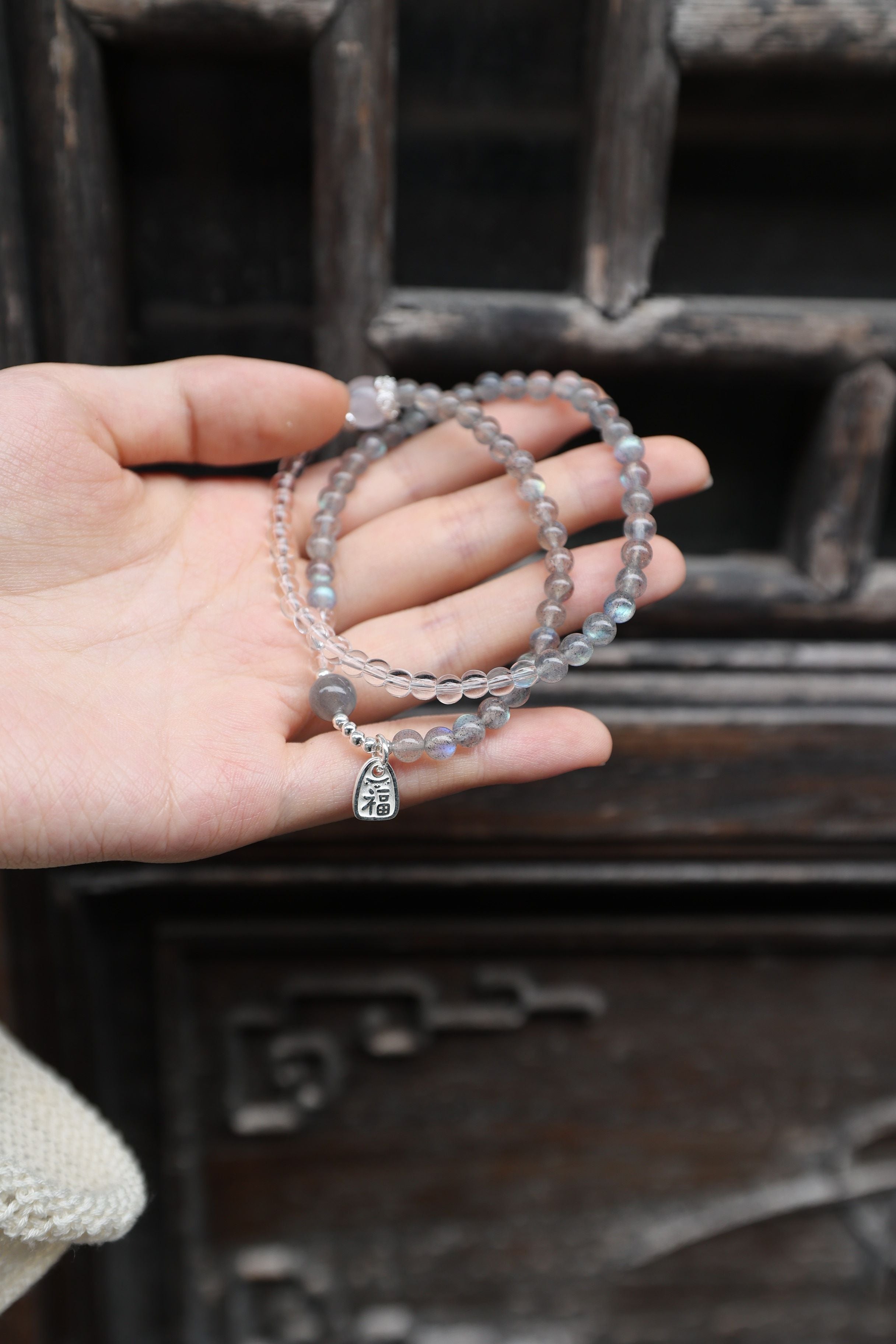 Gray Moonstone, Clear Quartz, and 925 Silver Bracelet, 55cm with 7mm Beads