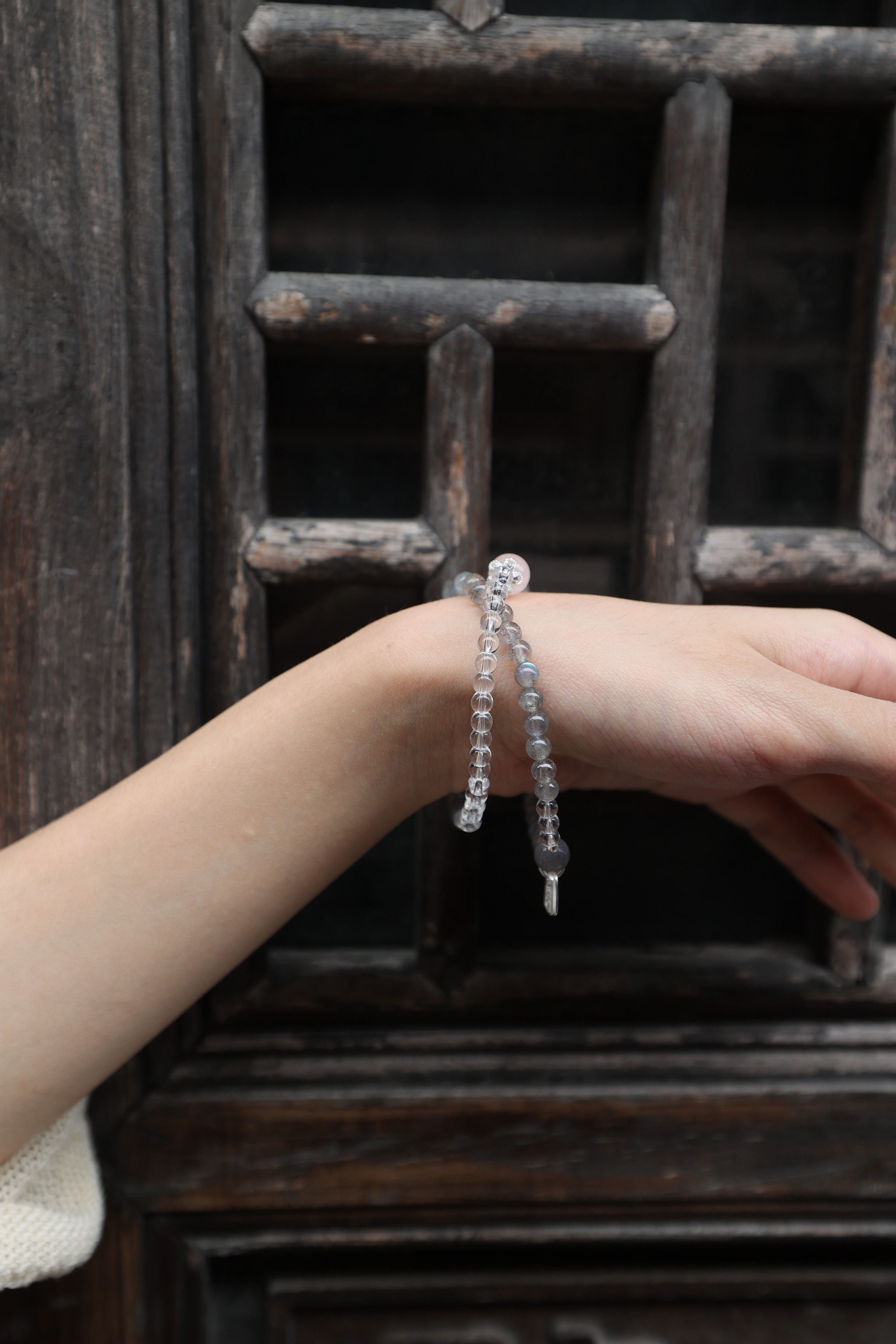 Gray Moonstone, Clear Quartz, and 925 Silver Bracelet, 55cm with 7mm Beads