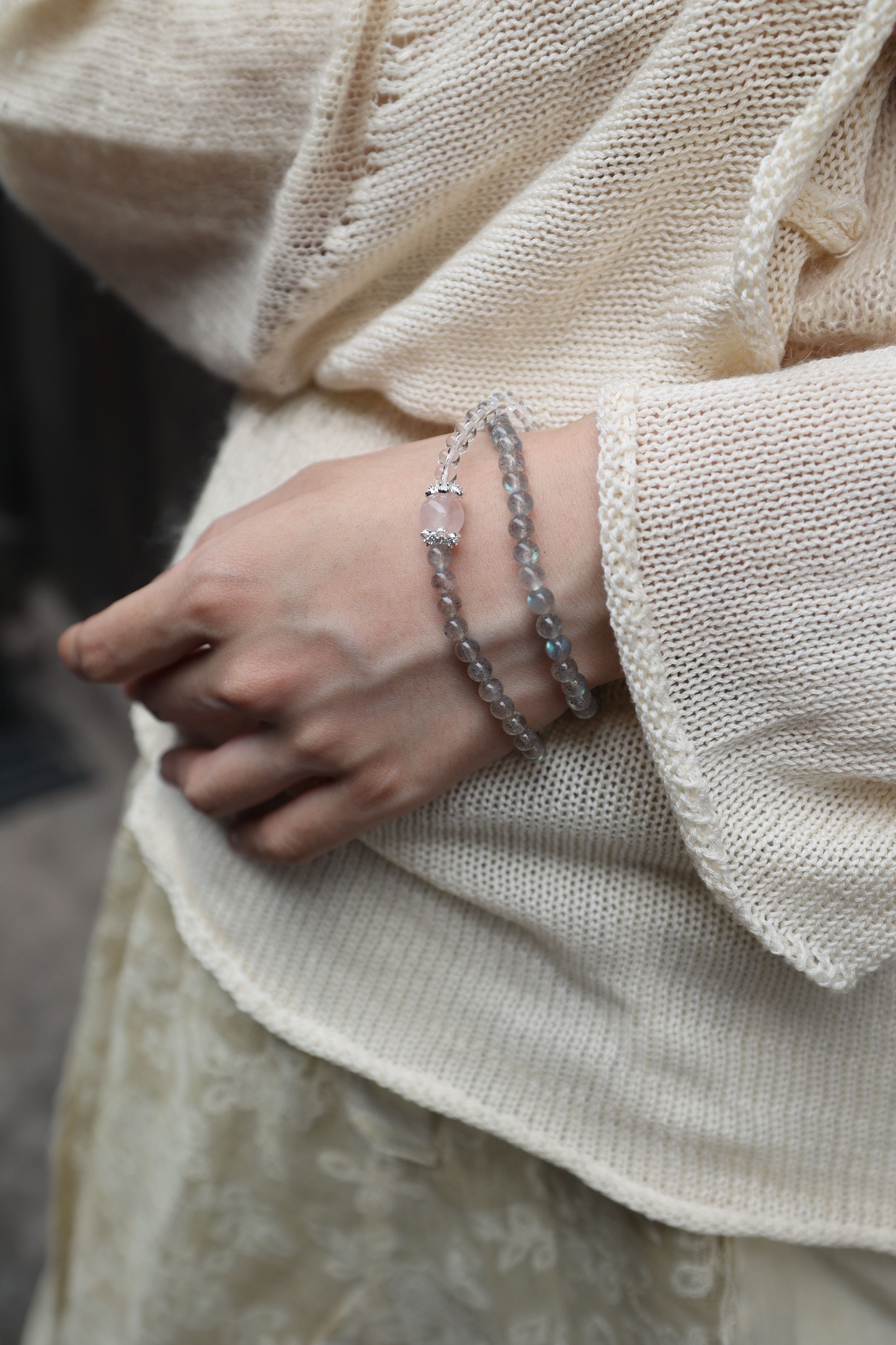 Gray Moonstone, Clear Quartz, and 925 Silver Bracelet, 55cm with 7mm Beads