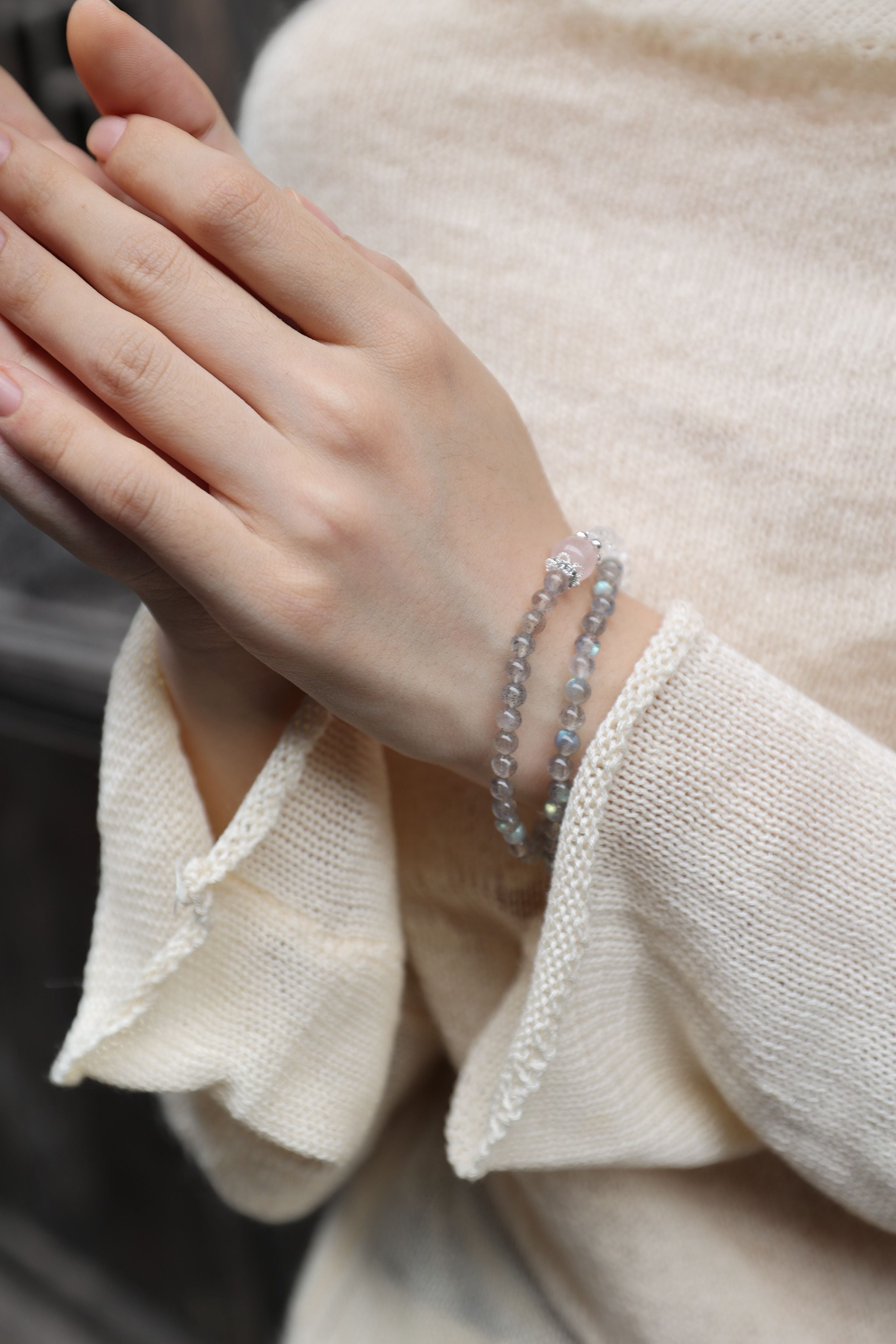 Gray Moonstone, Clear Quartz, and 925 Silver Bracelet, 55cm with 7mm Beads