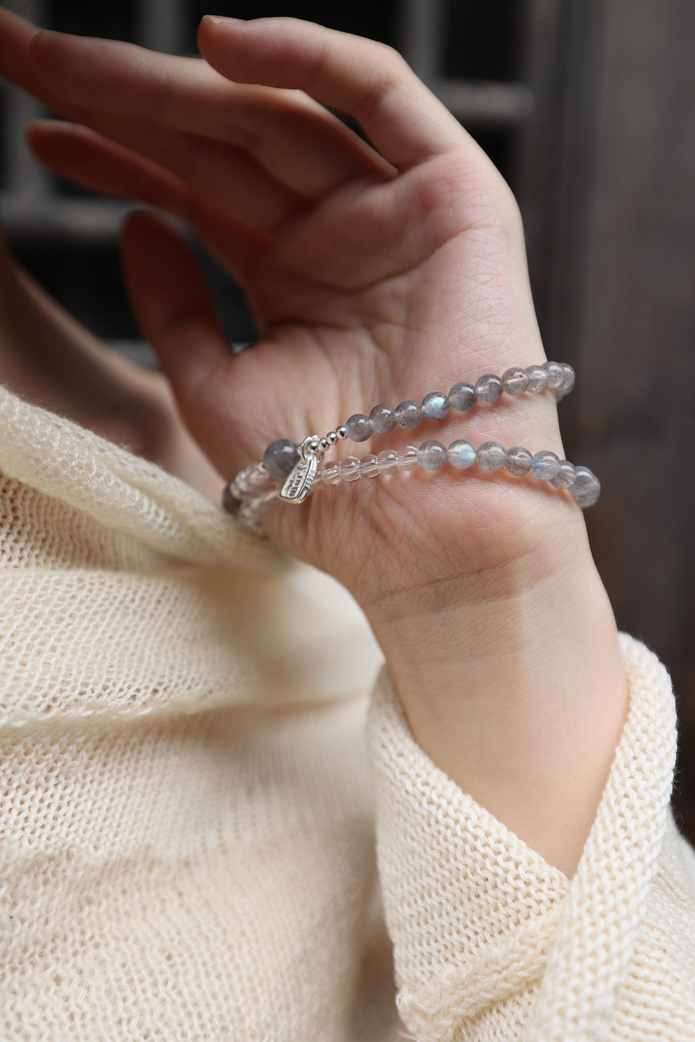 Gray Moonstone, Clear Quartz, and 925 Silver Bracelet, 55cm with 7mm Beads