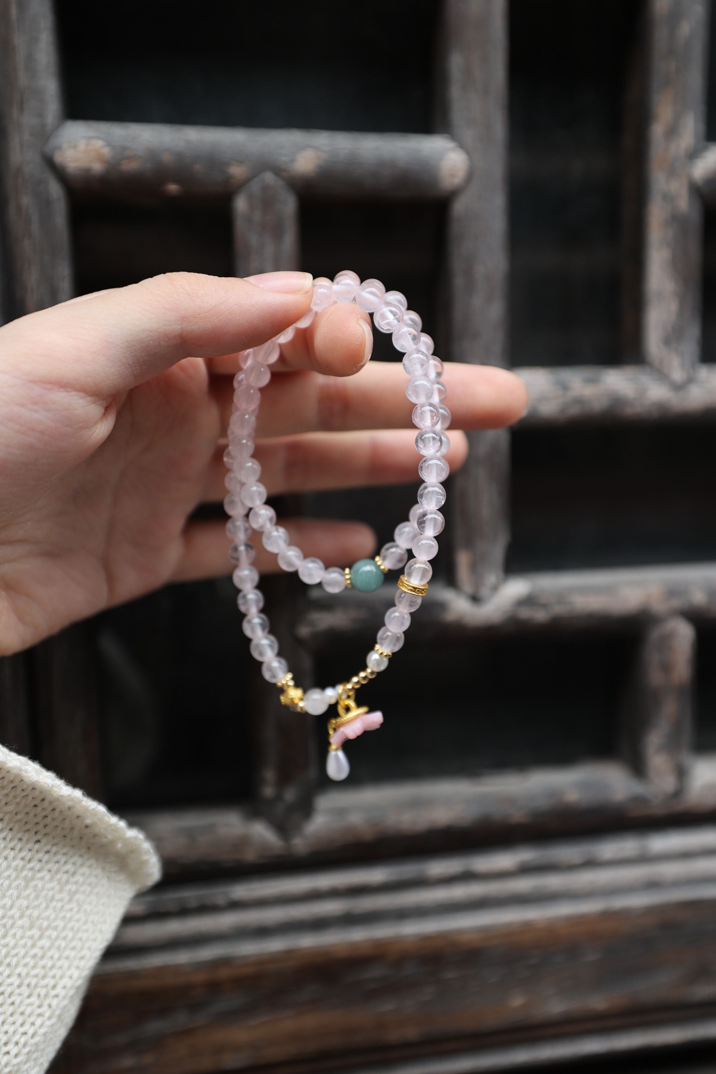 Natural Rose Quartz and Blue Jadeite Bracelet, 52cm with 8mm Beads